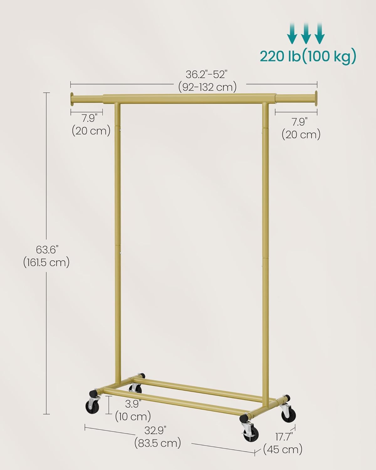 Krevet s kotačima za odjeću, visoke nosivosti 100 kg, 45 x (92–132) x 161,5 cm, svijetlo zlatne boje