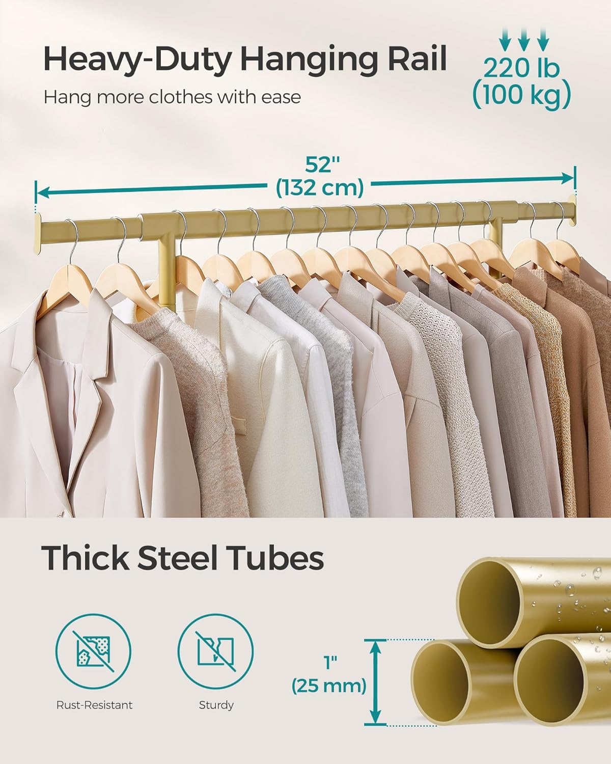 Krevet s kotačima za odjeću, visoke nosivosti 100 kg, 45 x (92–132) x 161,5 cm, svijetlo zlatne boje