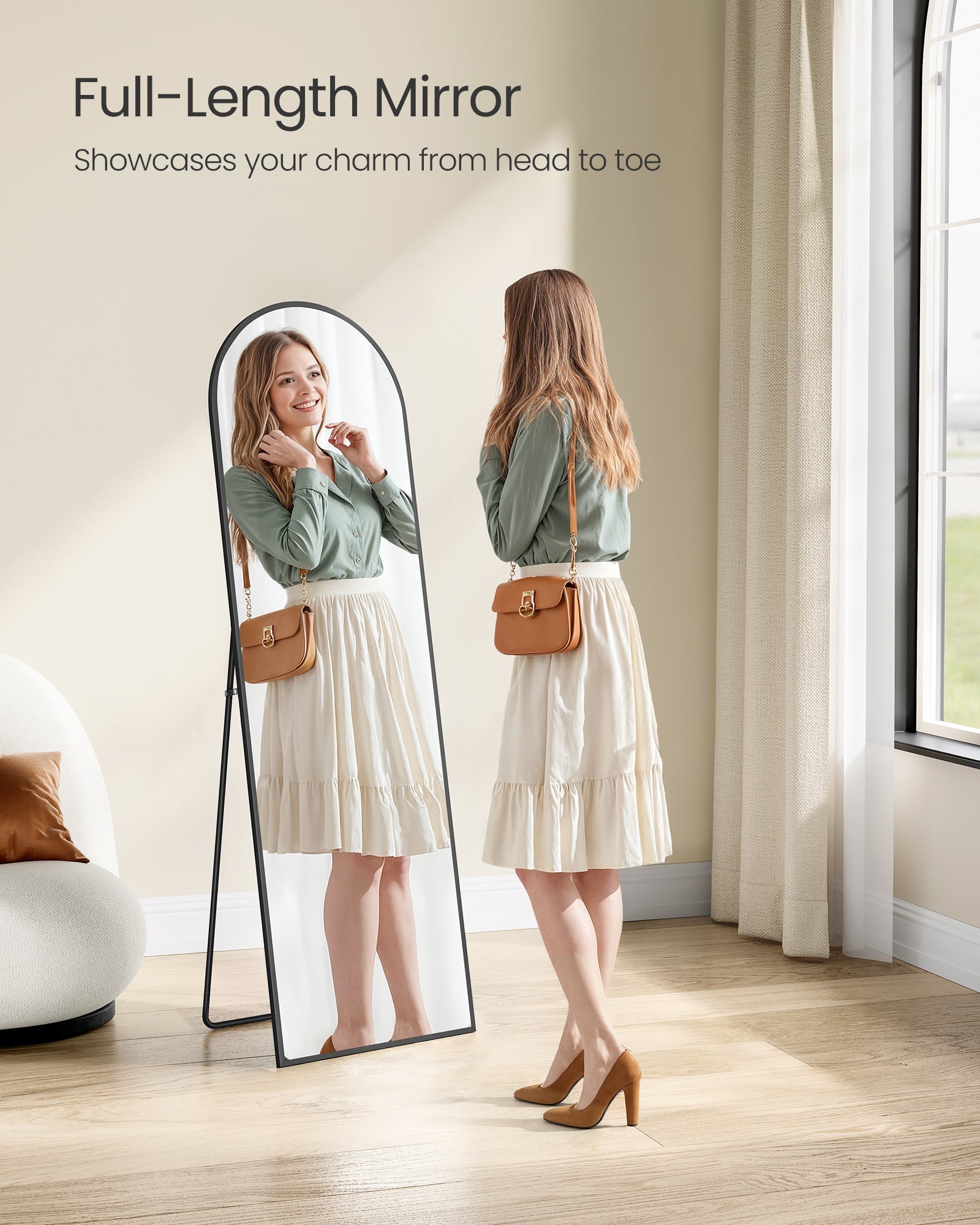 Kružni ogledalo na stalku, 150 x 40 cm, s aluminijskim okvirom, crne boje