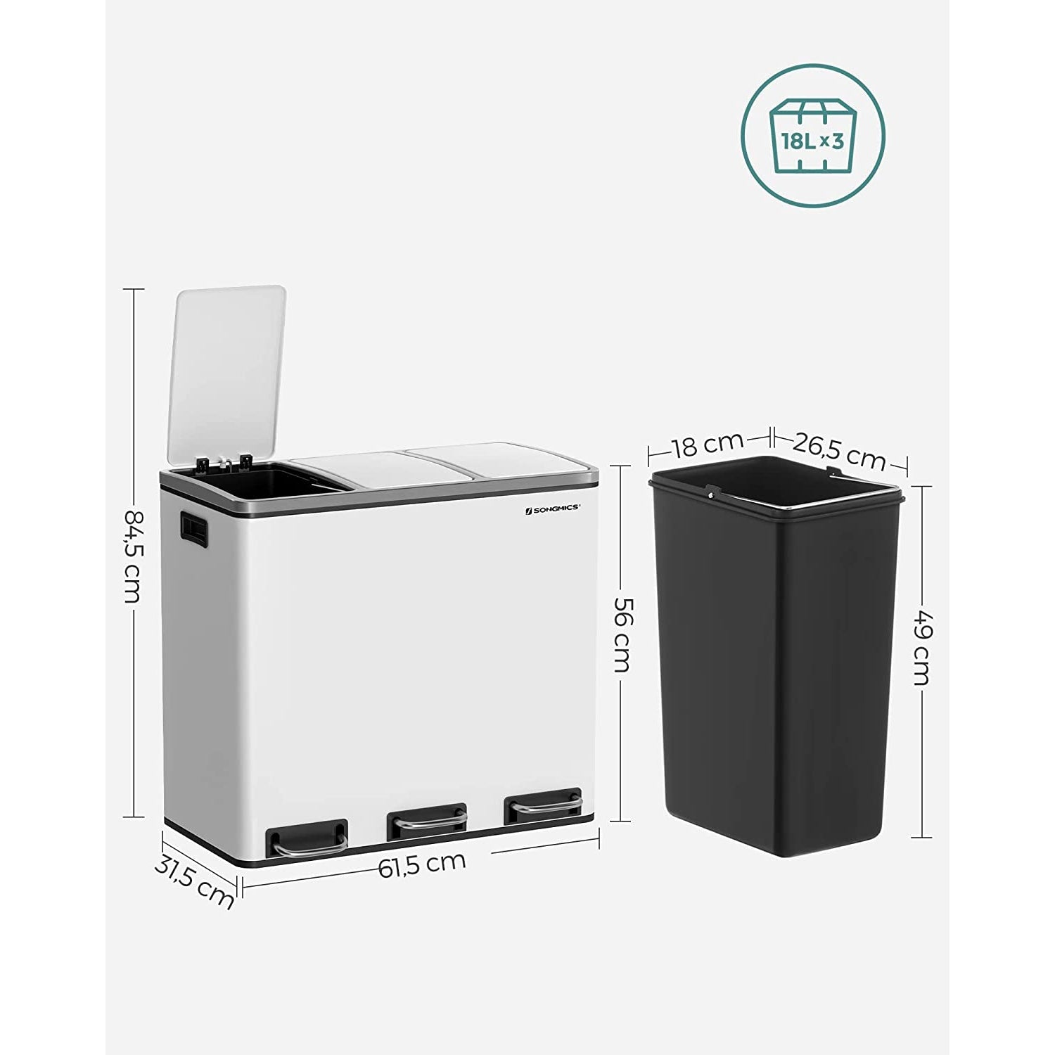 Kuhinjska kanta na pedale, selektivni sakupljač otpada, 3 x 18 L, bijela | SONGMICS-vitahome.hr