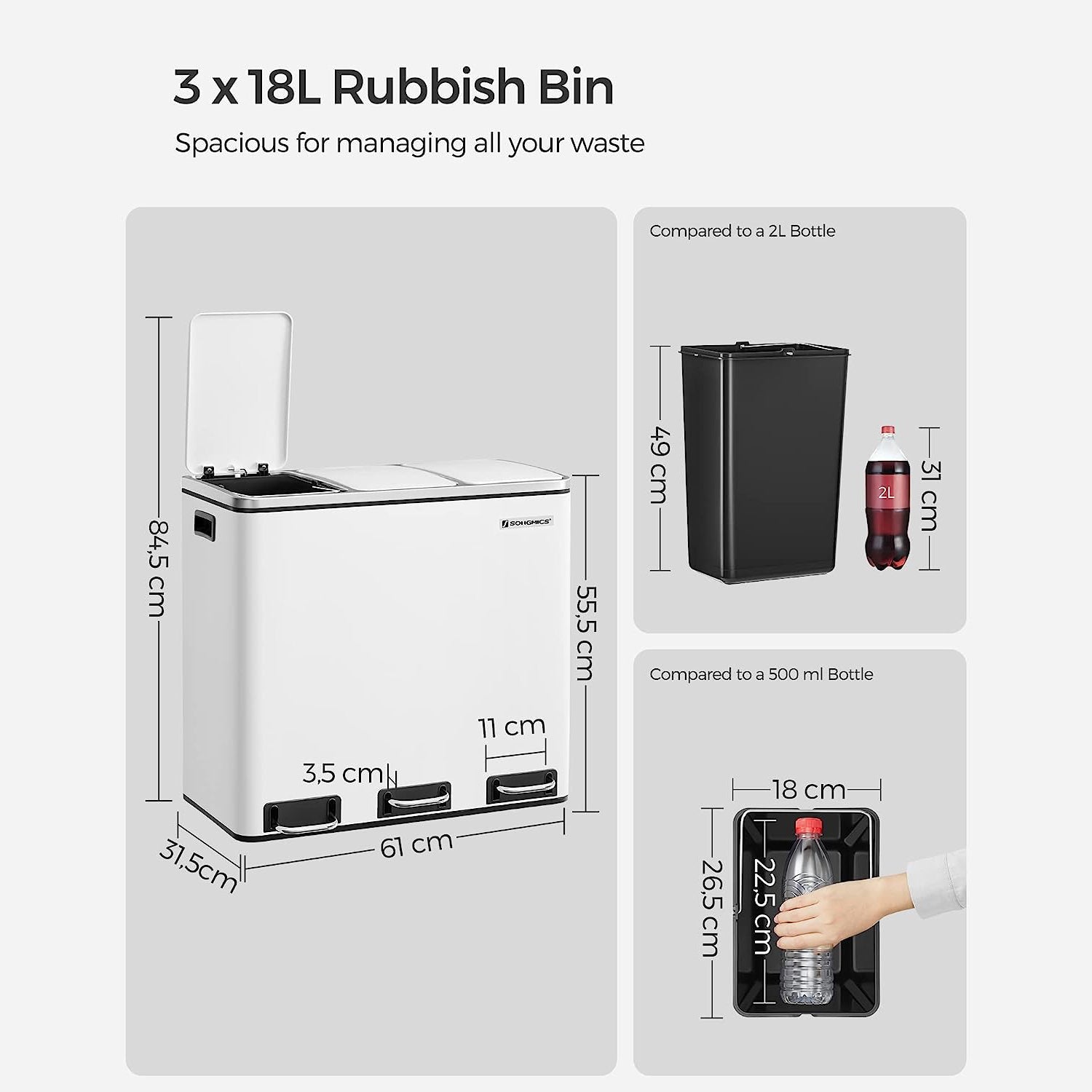 Kuhinjska kanta na pedale, selektivni sakupljač otpada, 3 x 18 L, bijela | SONGMICS-vitahome.hr