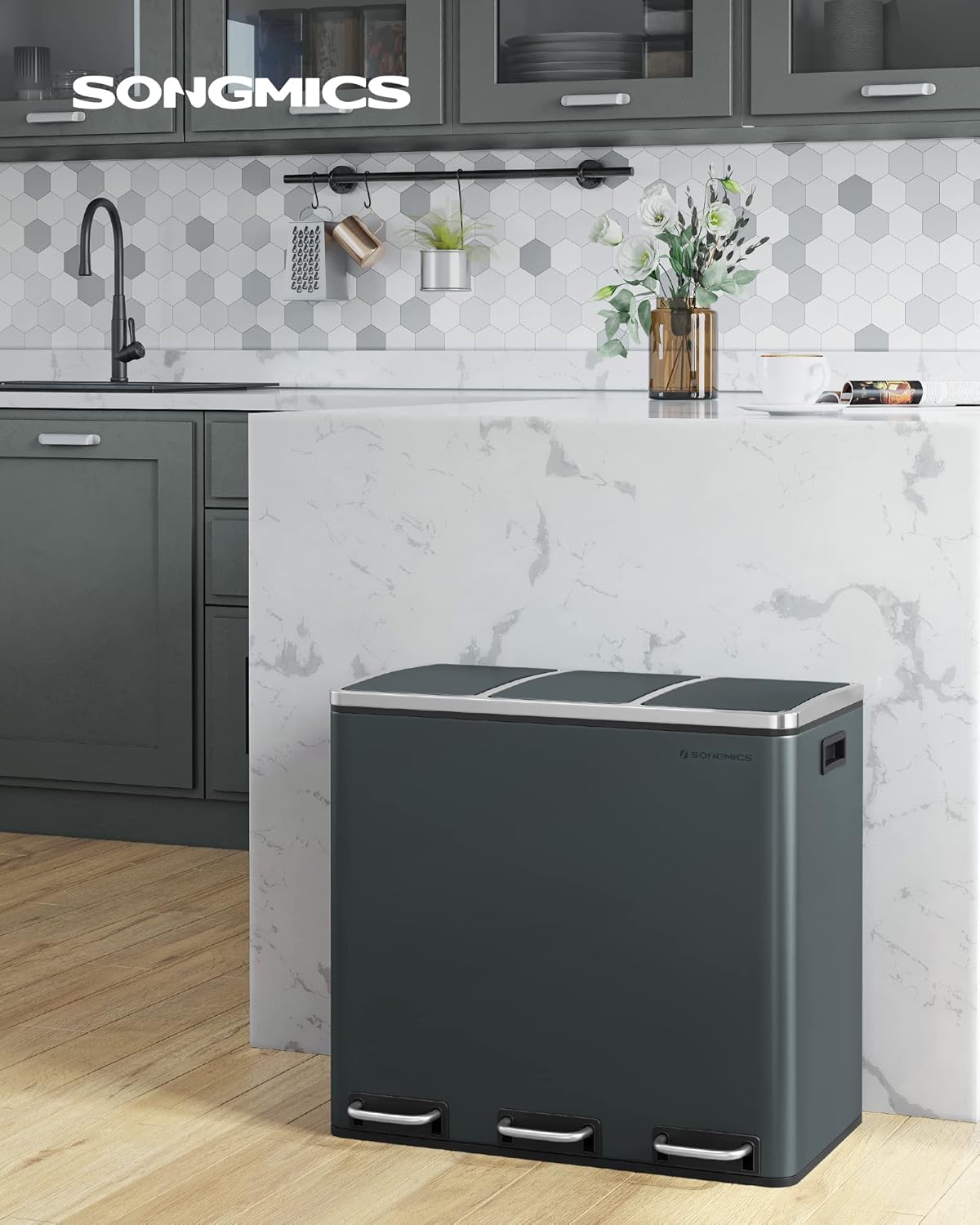Kuhinjska kanta s 3 pretinca, 3 x 18 l, 61,5 x 31,5 x 56 cm, zeleno siva | SONGMICS-vitahome.hr