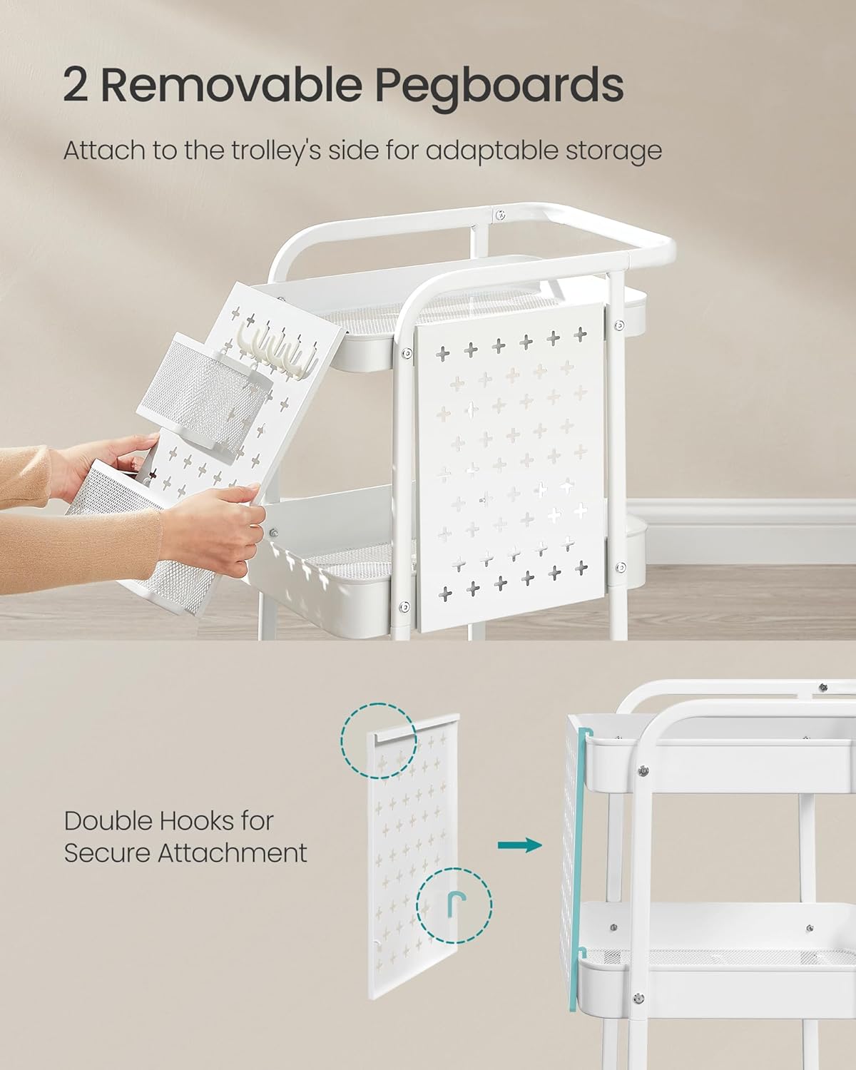 Kuhinjska kolica s 3 police, 2 viseće košare i 4 kuke, 32,3 x 49,4 x 73,9 cm, bijela | VASAGLE-VASAGLE-Vita Home