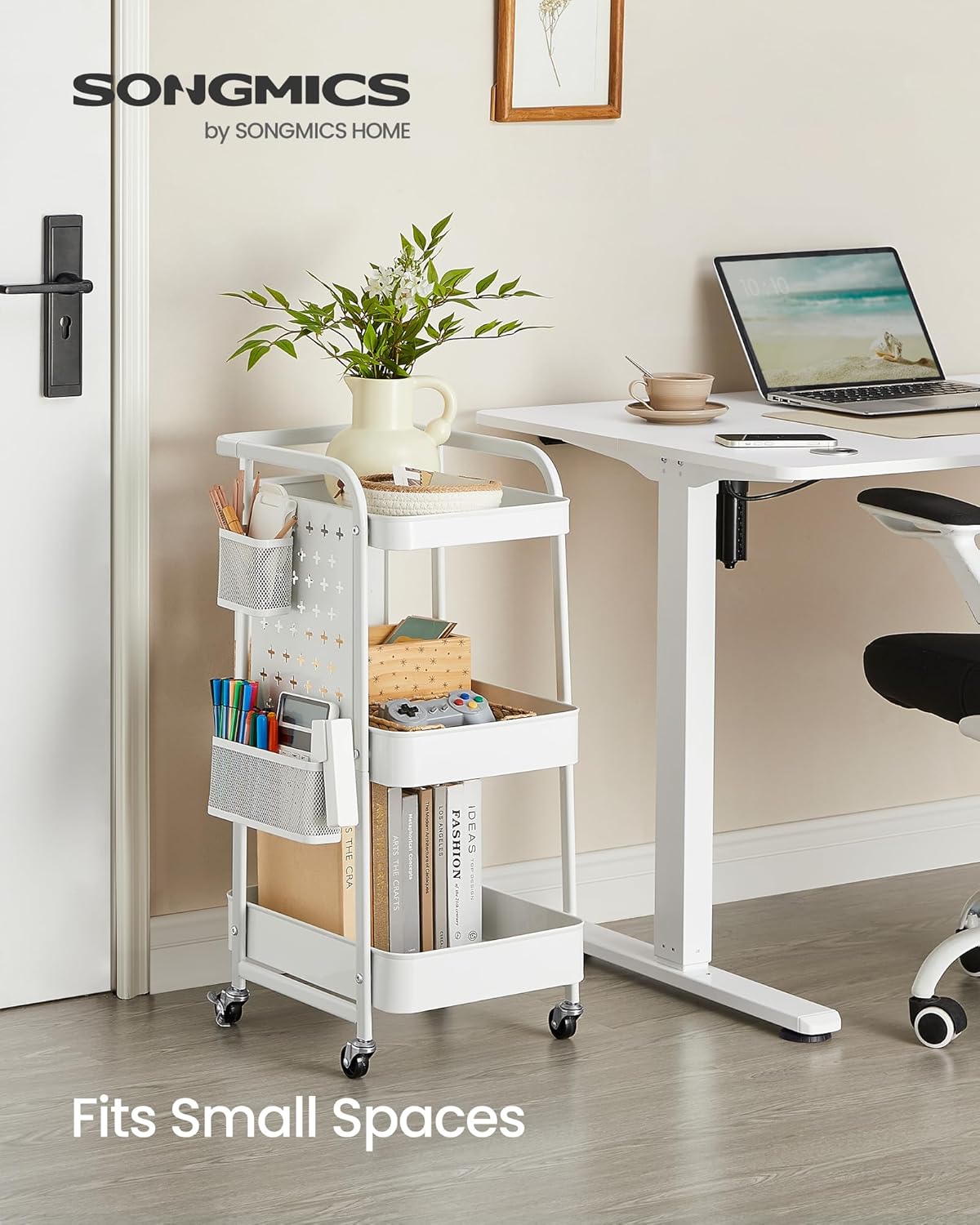 Kuhinjska kolica s 3 police, 2 viseće košare i 4 kuke, 32,3 x 49,4 x 73,9 cm, bijela | VASAGLE-VASAGLE-Vita Home