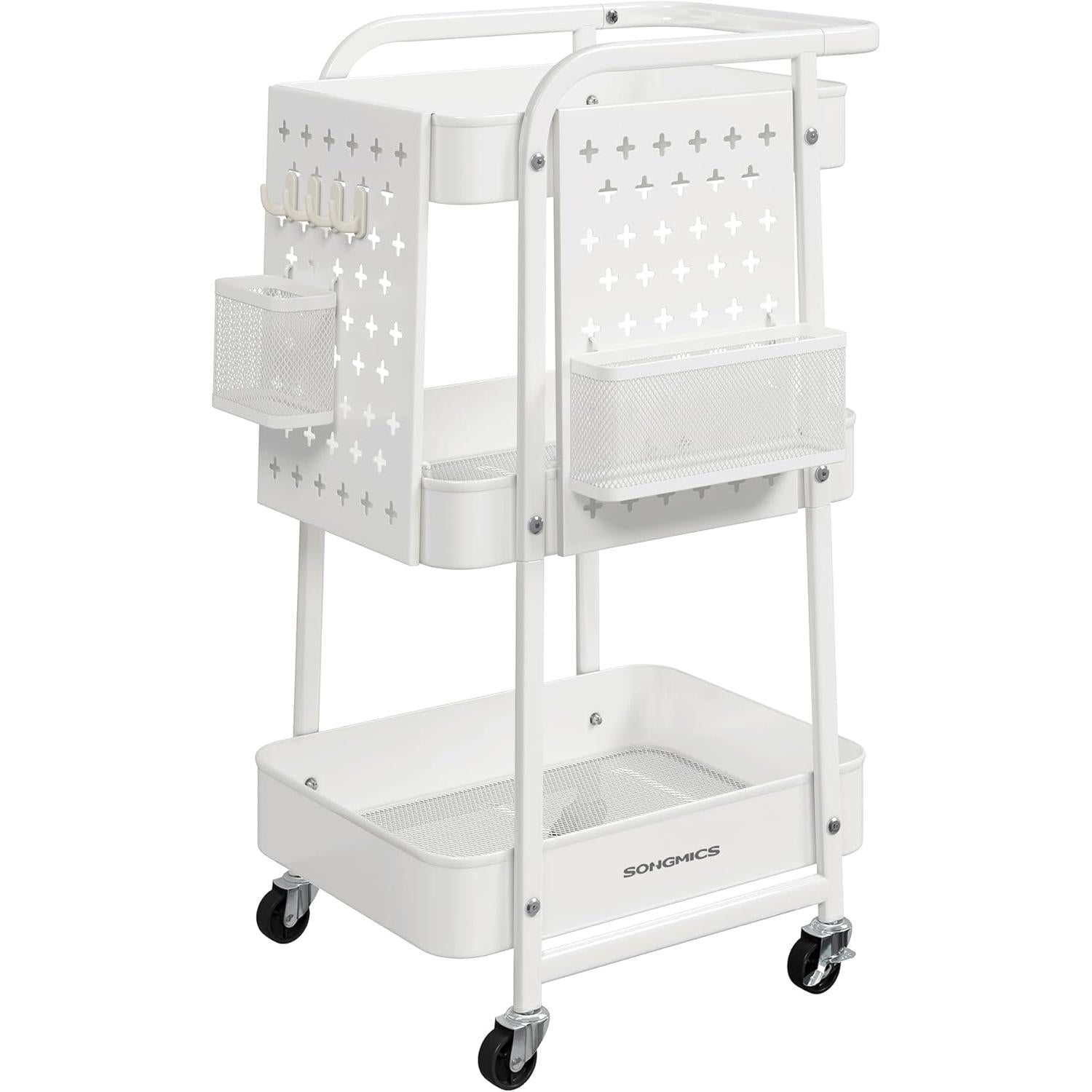 Kuhinjska kolica s 3 police, 2 viseće košare i 4 kuke, 32,3 x 49,4 x 73,9 cm, bijela | VASAGLE-VASAGLE-Vita Home