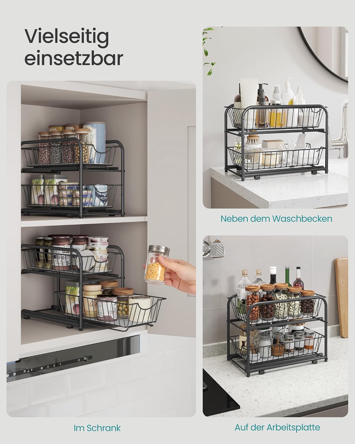 Kuhinjski organizator na 2 etaže, 21 x 36,5 x 27,3 cm, crne boje | SONGMICS-vitahome.hr