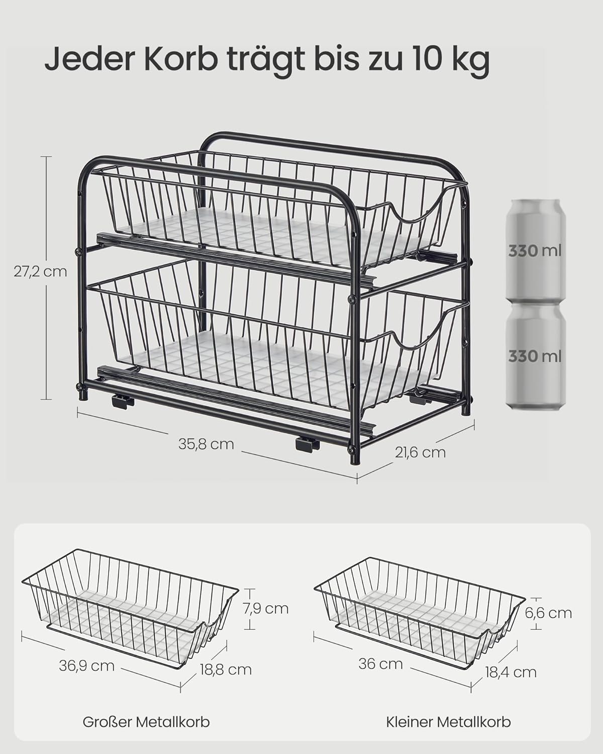 Kuhinjski organizator na 2 etaže, 21 x 36,5 x 27,3 cm, crne boje | SONGMICS-vitahome.hr