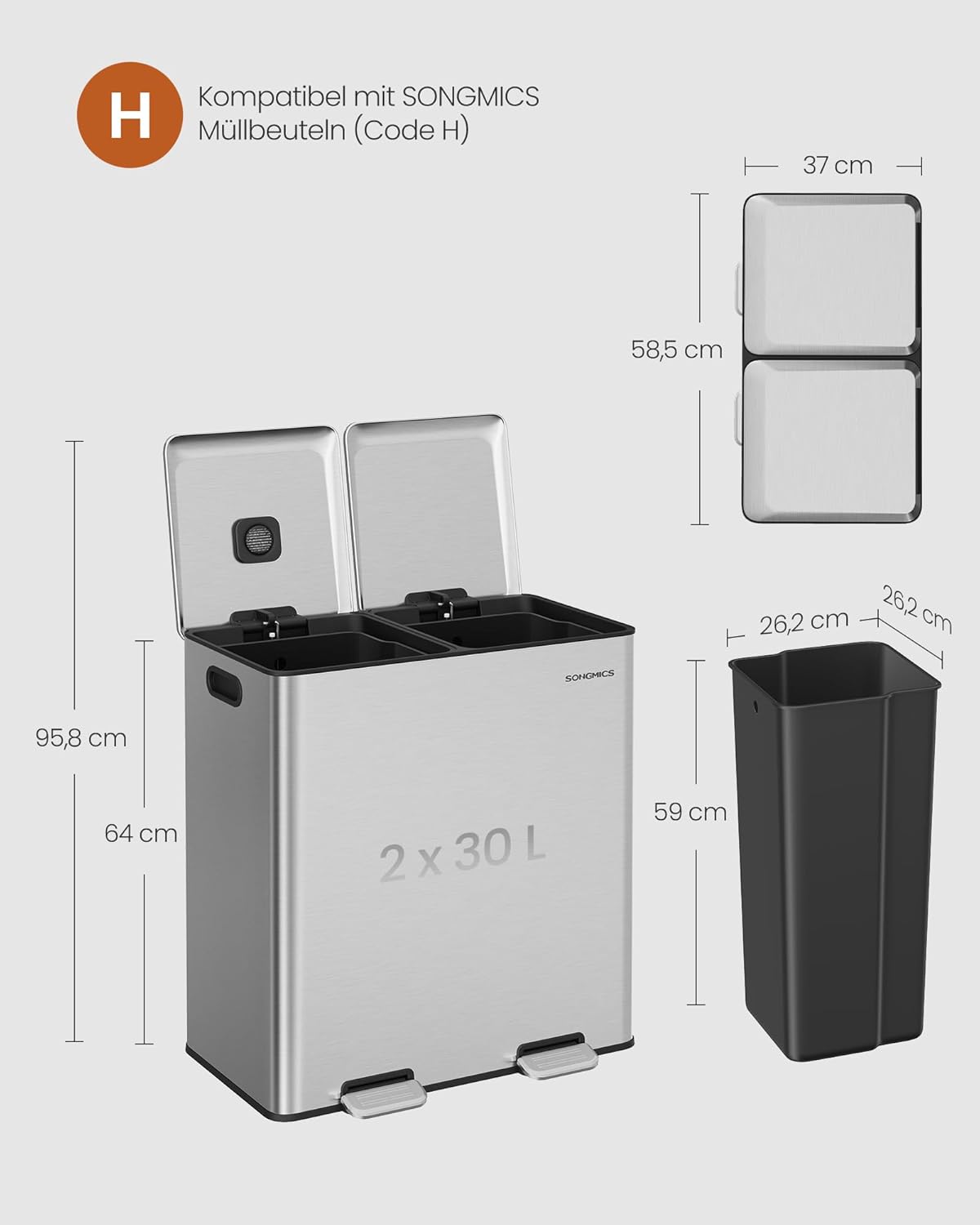 kuhinjski otpadnik 2 x 30 l, metalna kanta