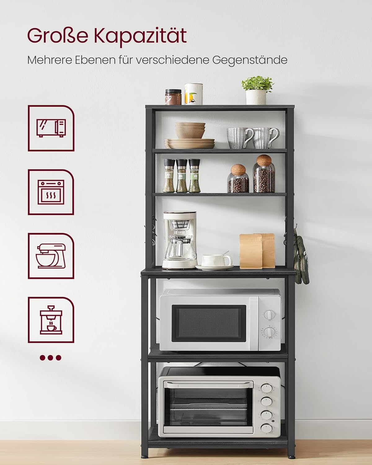 Kuhinjski stalak, samostojeća polica, stalak za mikrovalnu, sivo-crna, 40×60×167 cm