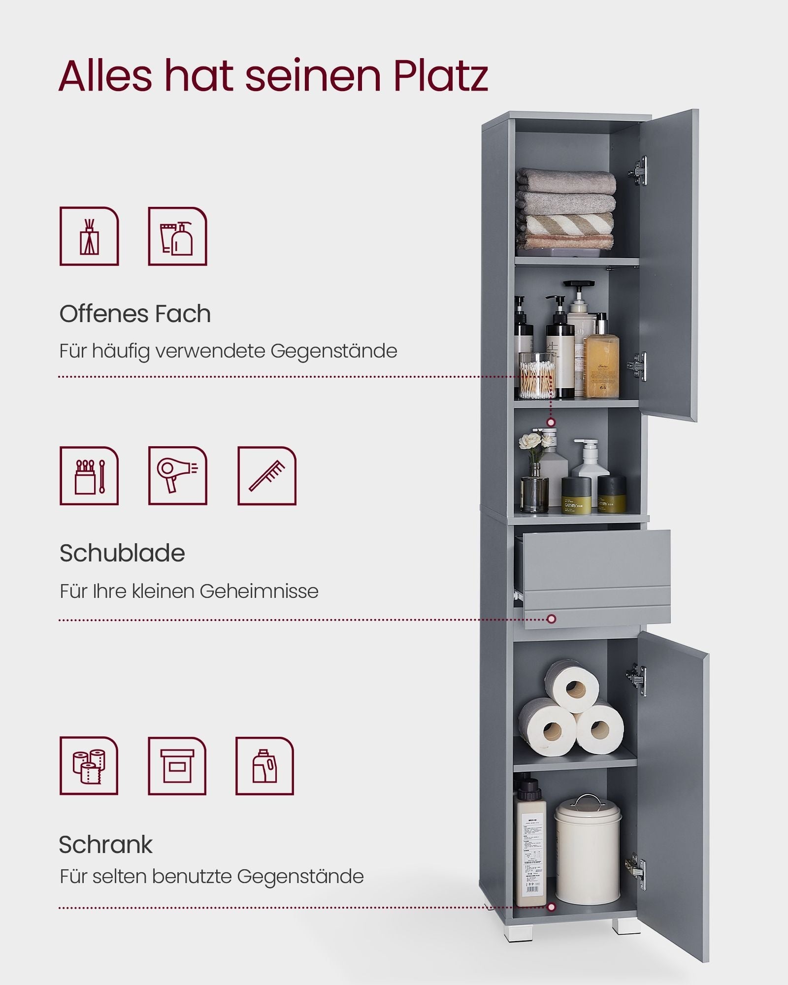 Kupaonski ormariá s ladicom i policama, 30 x 30 x 170 cm, sive boje | SONGMICS-SONGMICS-Vita Home