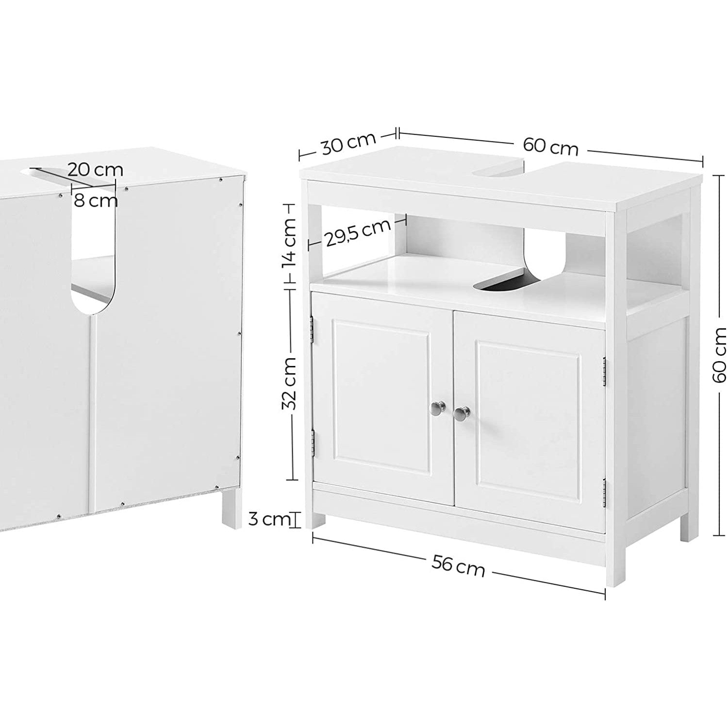 Kupaonski ormarić s 2 vrata, prostorem za umivaonik, 60 x 30 x 60 cm, bijeli | VASAGLE-vitahome.hr