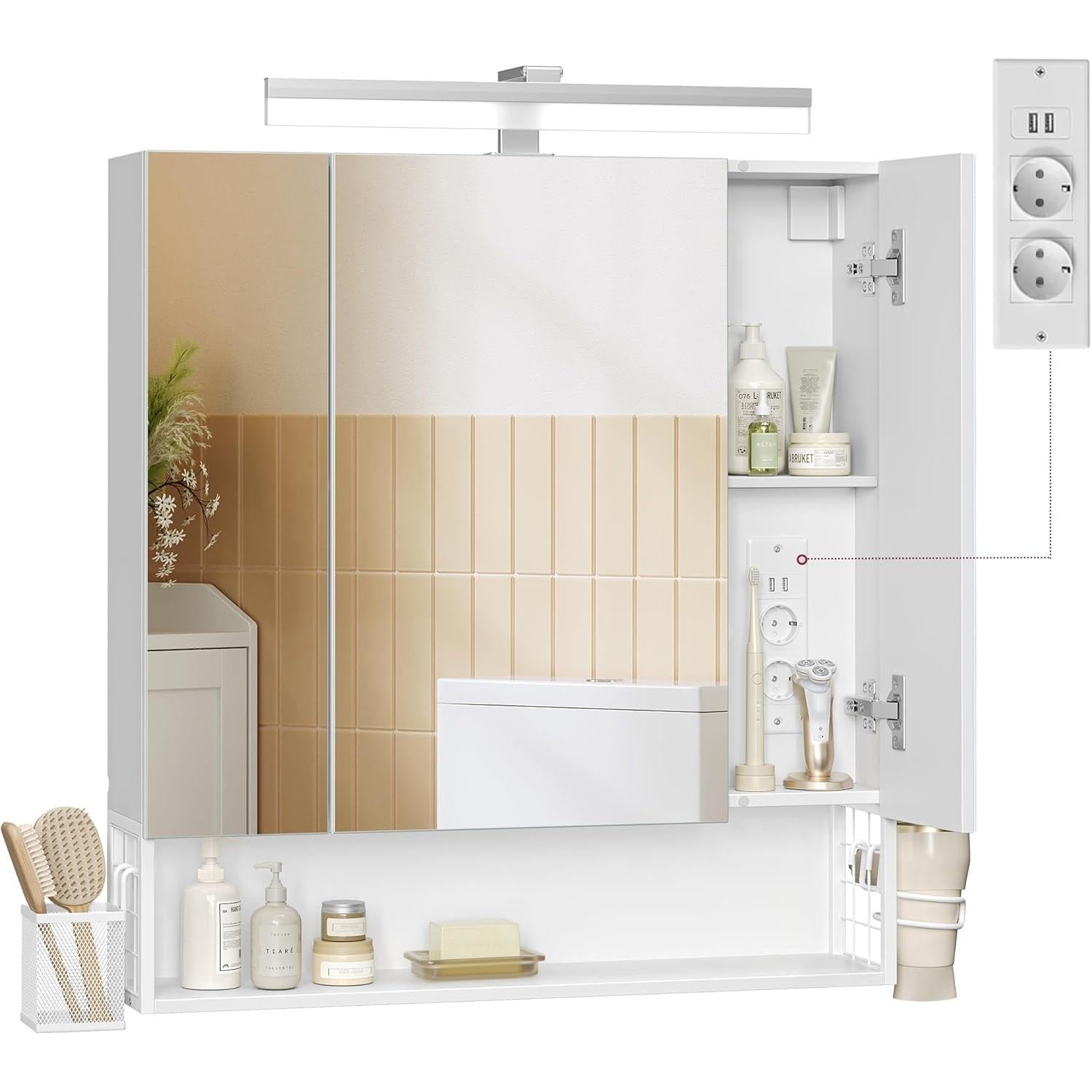 Kupaonski ormarić s LED rasvjetom, utičnicama, 16,5 × 70 × 75 cm, oblačno bijela