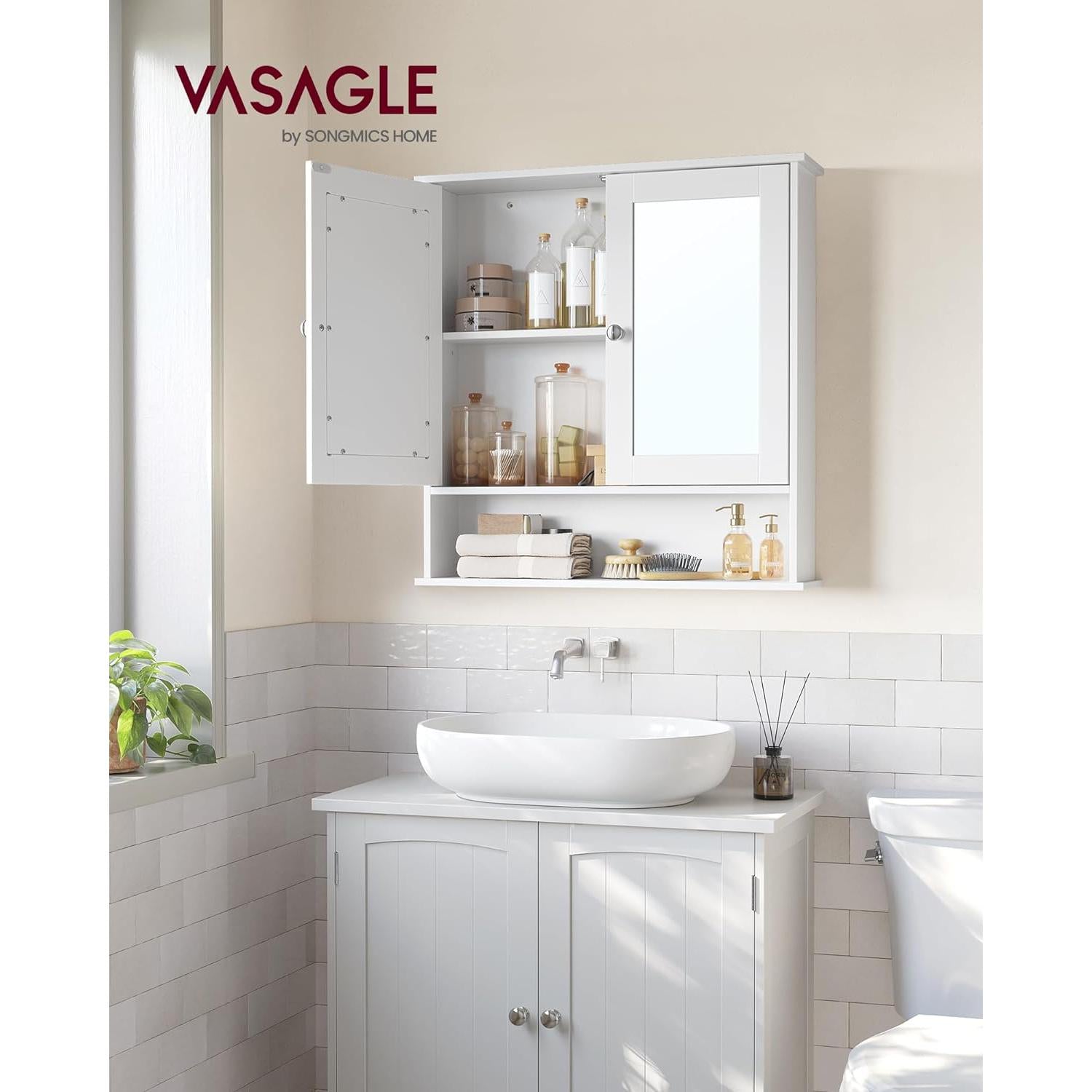 Kupaonski ormarić s ogledalom i otvorenim pretincem, 15 x 65 x 75 cm, bijeli | VASAGLE-vitahome.hr