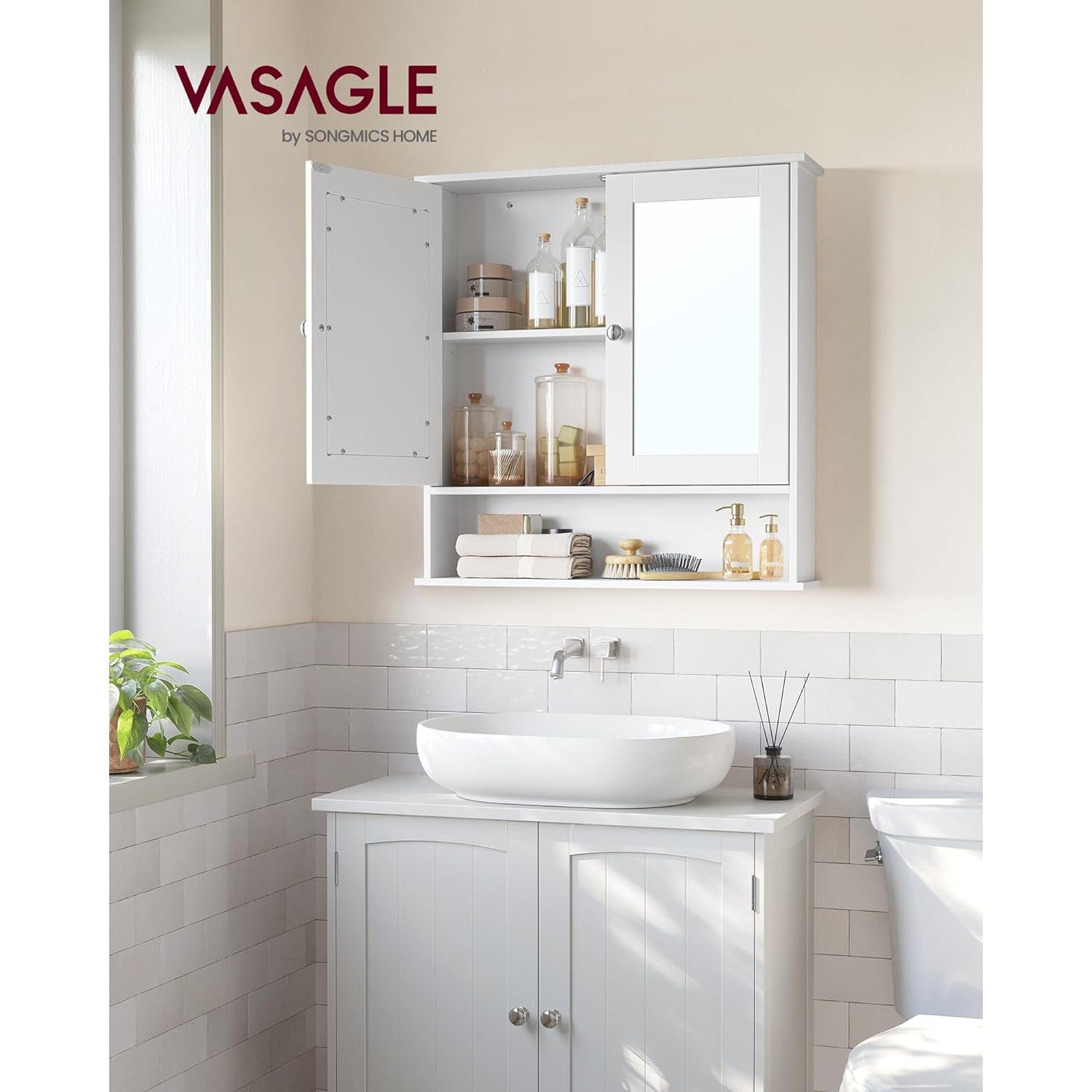 Kupaonski ormarić s ogledalom i otvorenim pretincem, 15 x 65 x 75 cm, bijeli | VASAGLE-vitahome.hr
