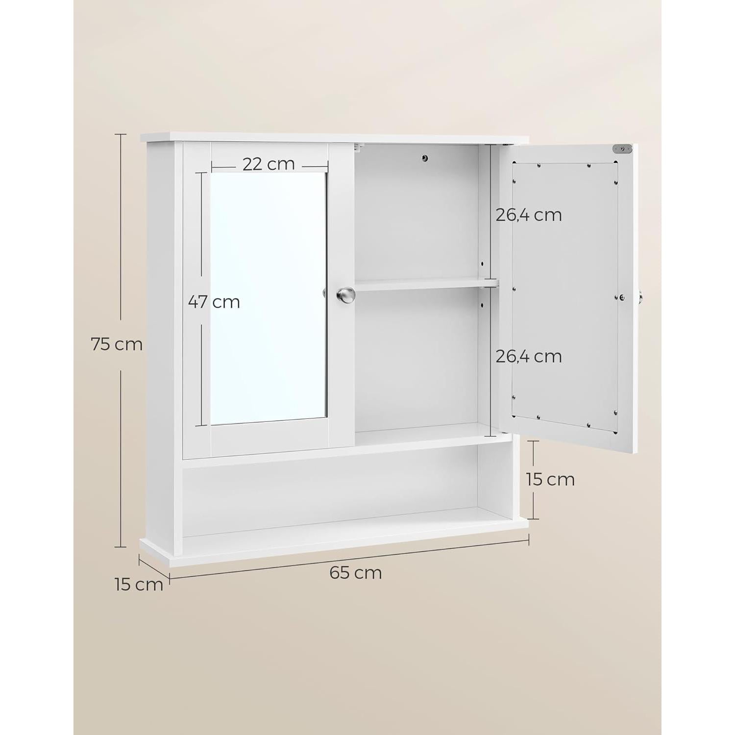 Kupaonski ormarić s ogledalom i otvorenim pretincem, 15 x 65 x 75 cm, bijeli | VASAGLE-vitahome.hr