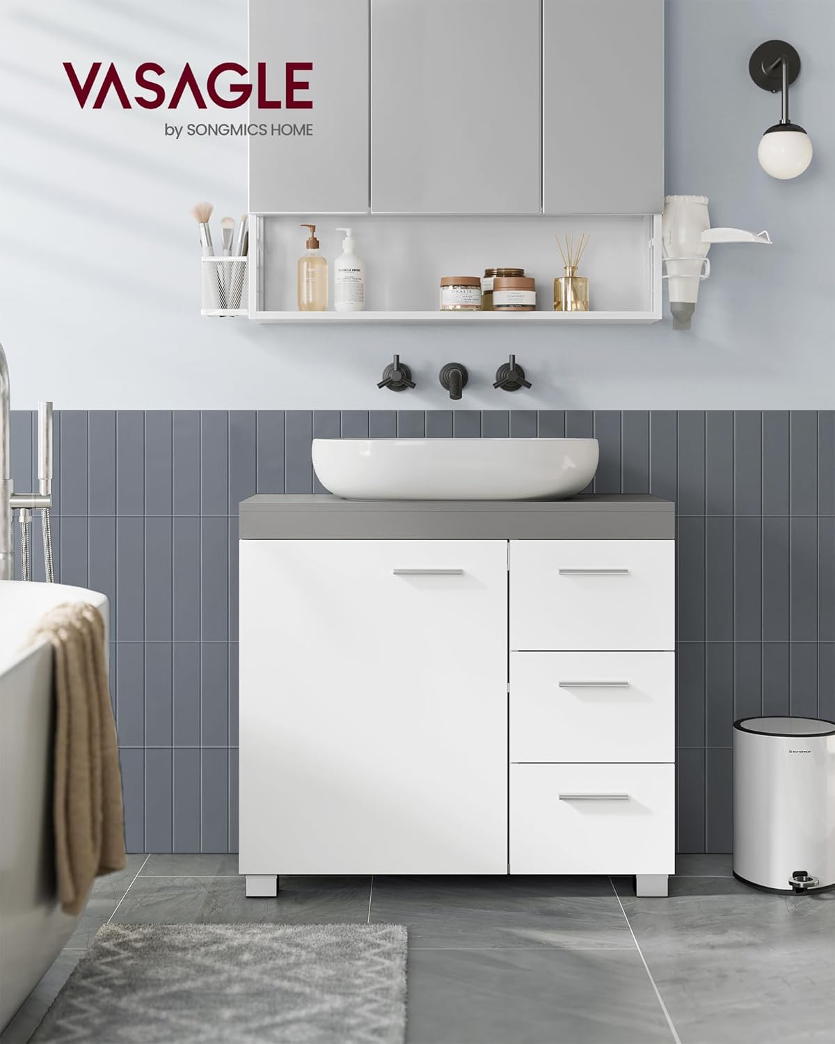 Kupaonski ormarić sa puno prostora za pohranu, 30 x 70 x 64 cm, sivo-bijeli | VASAGLE-VASAGLE-Vita Home