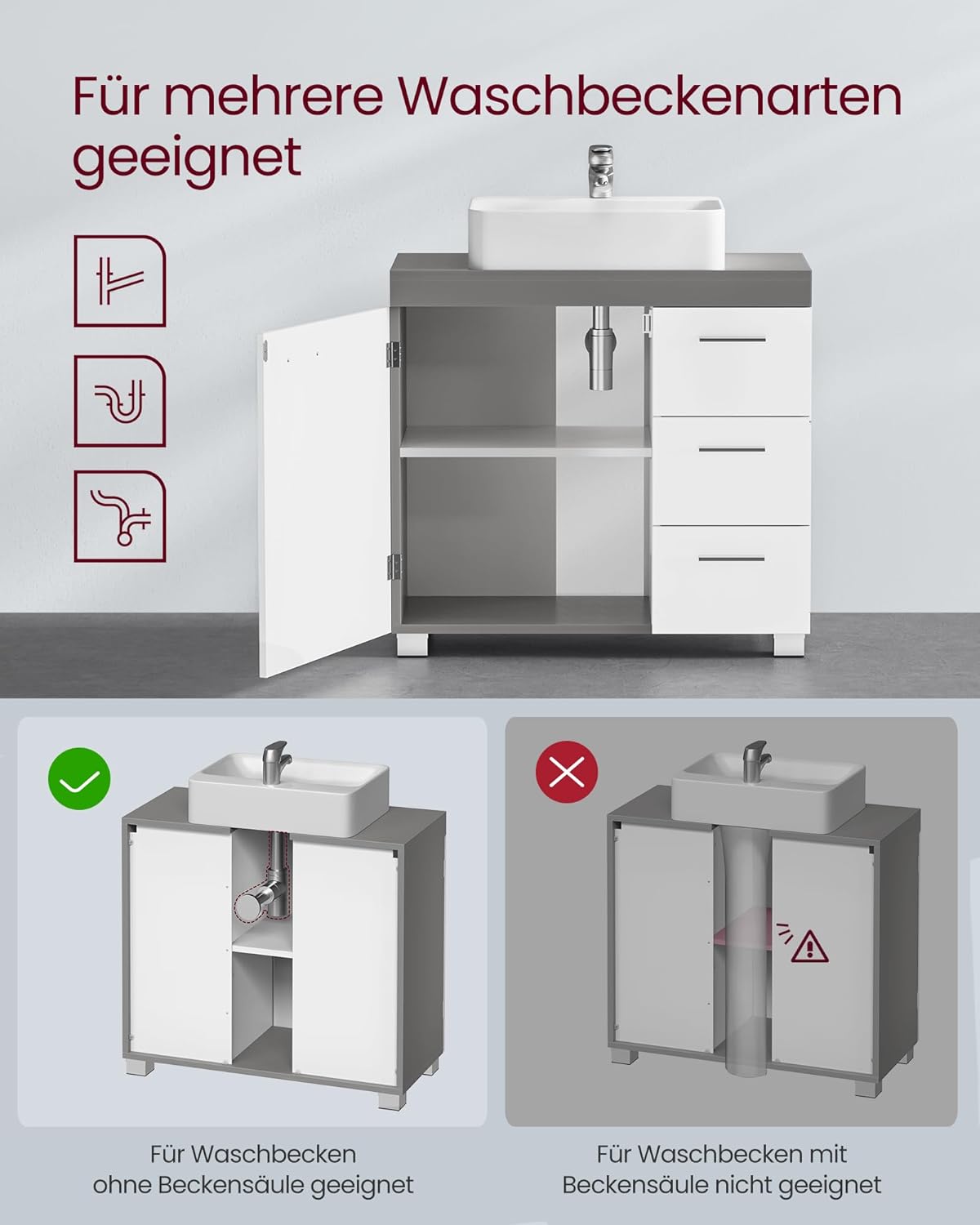 Kupaonski ormarić sa puno prostora za pohranu, 30 x 70 x 64 cm, sivo-bijeli | VASAGLE-VASAGLE-Vita Home