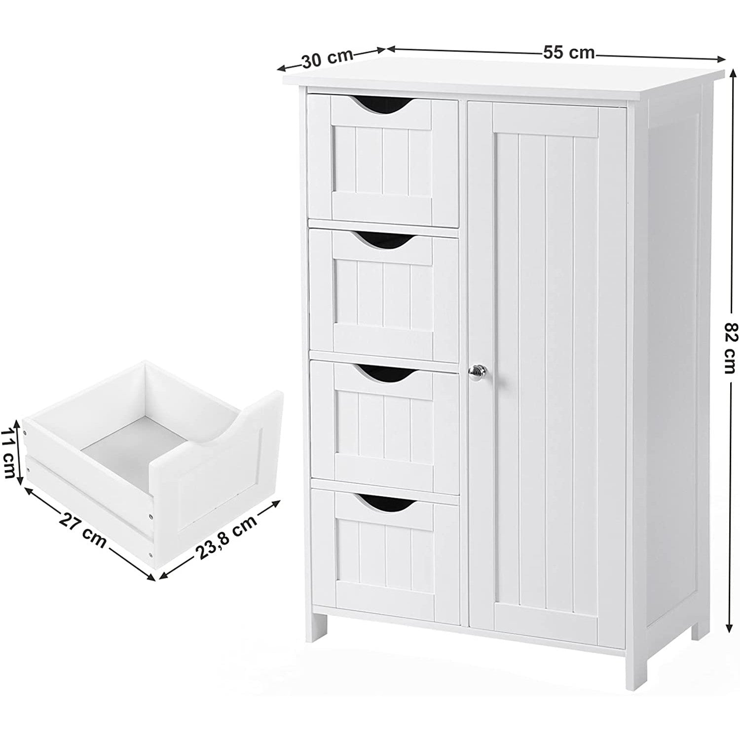 Kupaonski podni ormarić s 4 ladice i skrivenim policama, 55 x 30 x 81 cm, bijeli | VASAGLE-vitahome.hr
