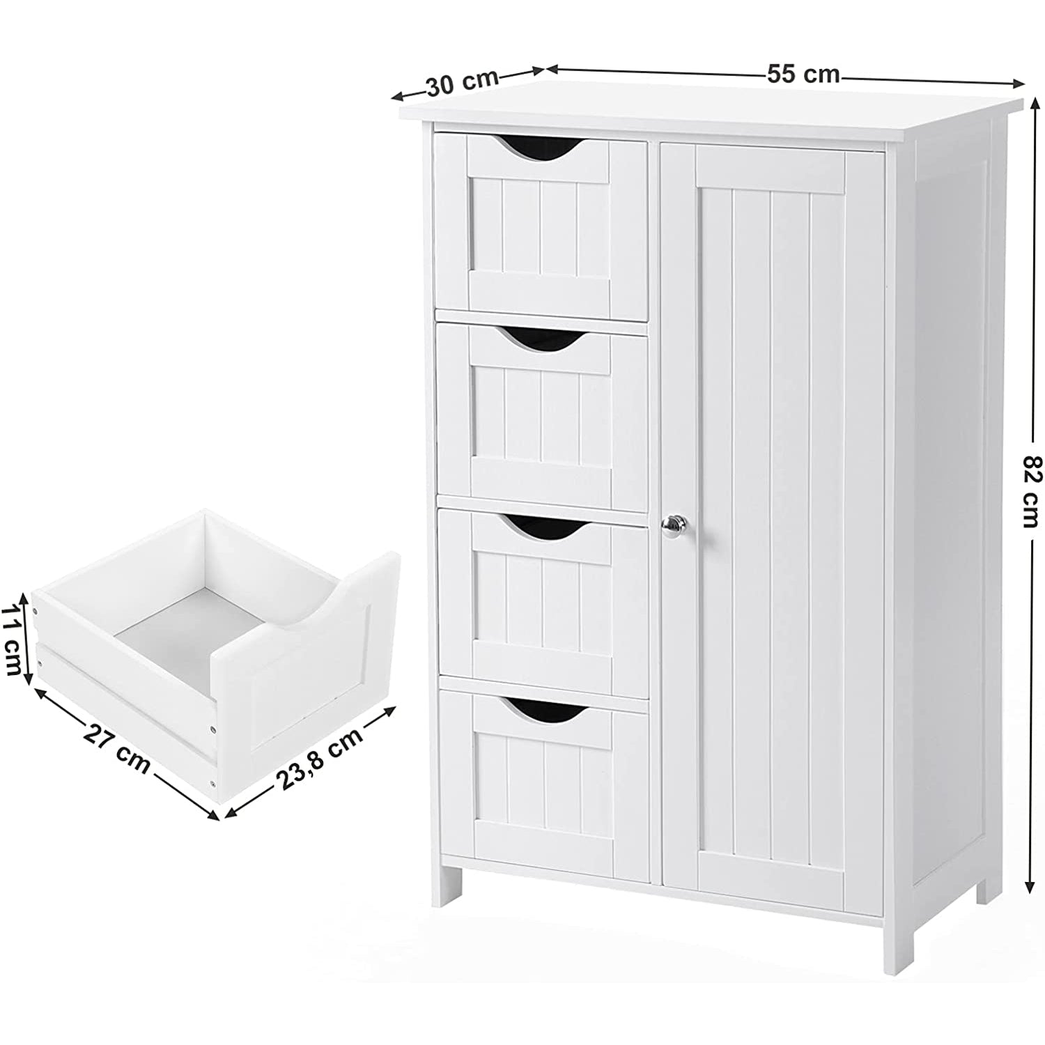 Kupaonski podni ormarić s 4 ladice i skrivenim policama, 55 x 30 x 81 cm, bijeli | VASAGLE-vitahome.hr