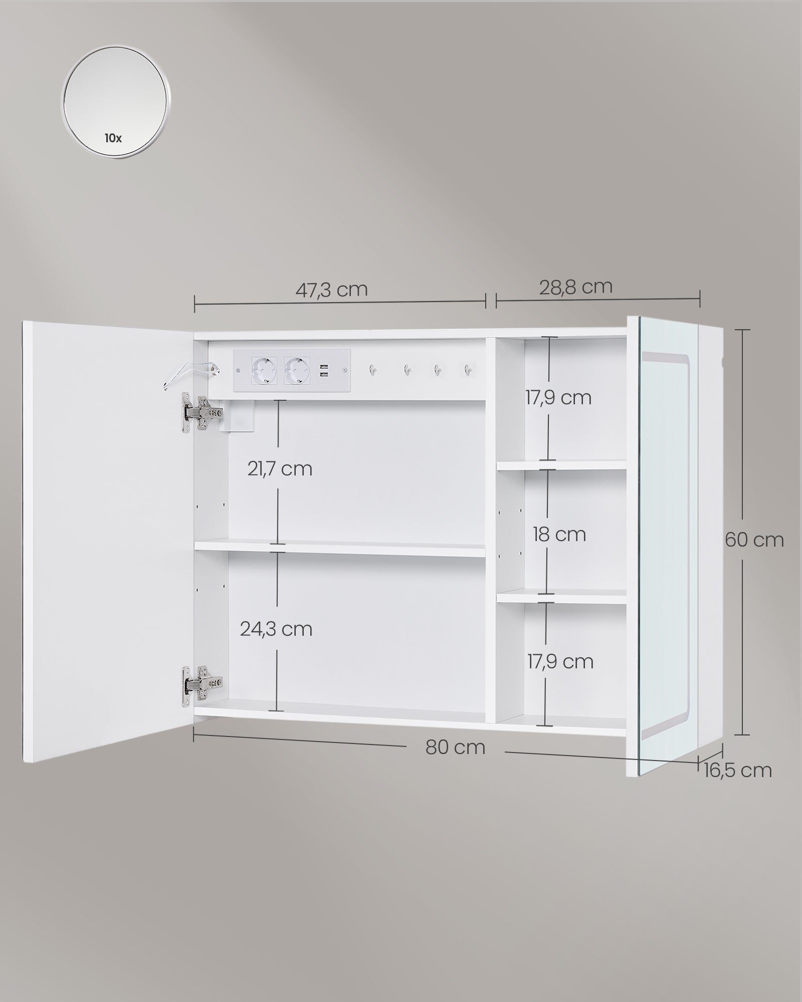 Kupaonski zidni ormar s ogledalom i LED rasvjetom, 16,5 x 80 x 60 cm, bijeli
