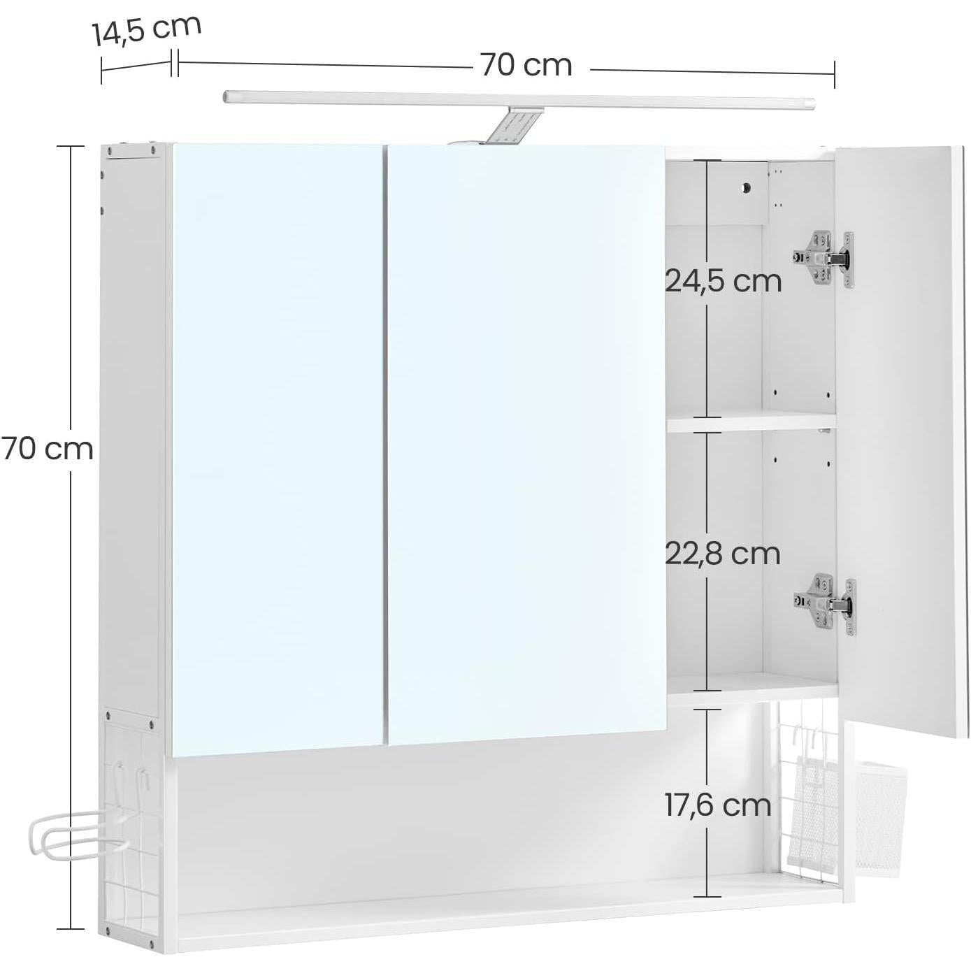 Kupaonski zidni ormarić s ogledalom i rasvjetom, 14,5 x 70 x 70 cm, bijeli | VASAGLE-vitahome.hr