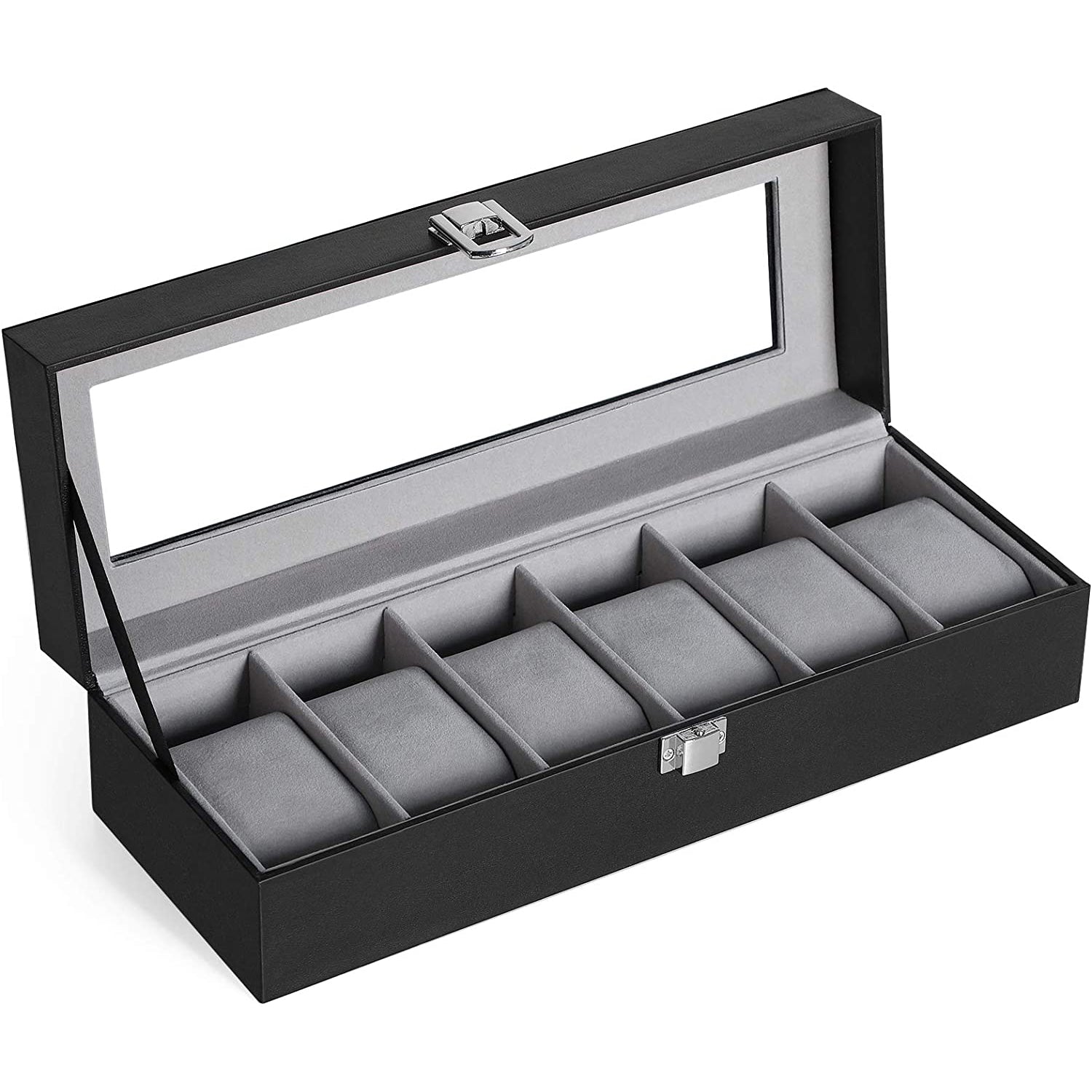 Kutija za 6 satova sa staklenim poklopcem i bravom, 30 x 8 x 11,2 cm, crna | SONGMICS-vitahome.hr