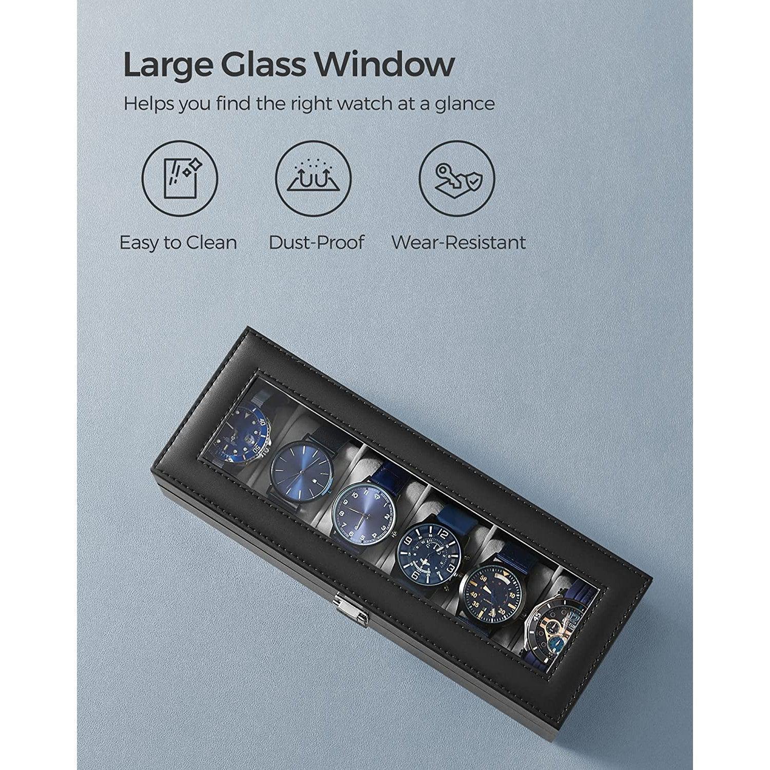 Kutija za 6 satova sa staklenim poklopcem i bravom, 30 x 8 x 11,2 cm, crna | SONGMICS-vitahome.hr