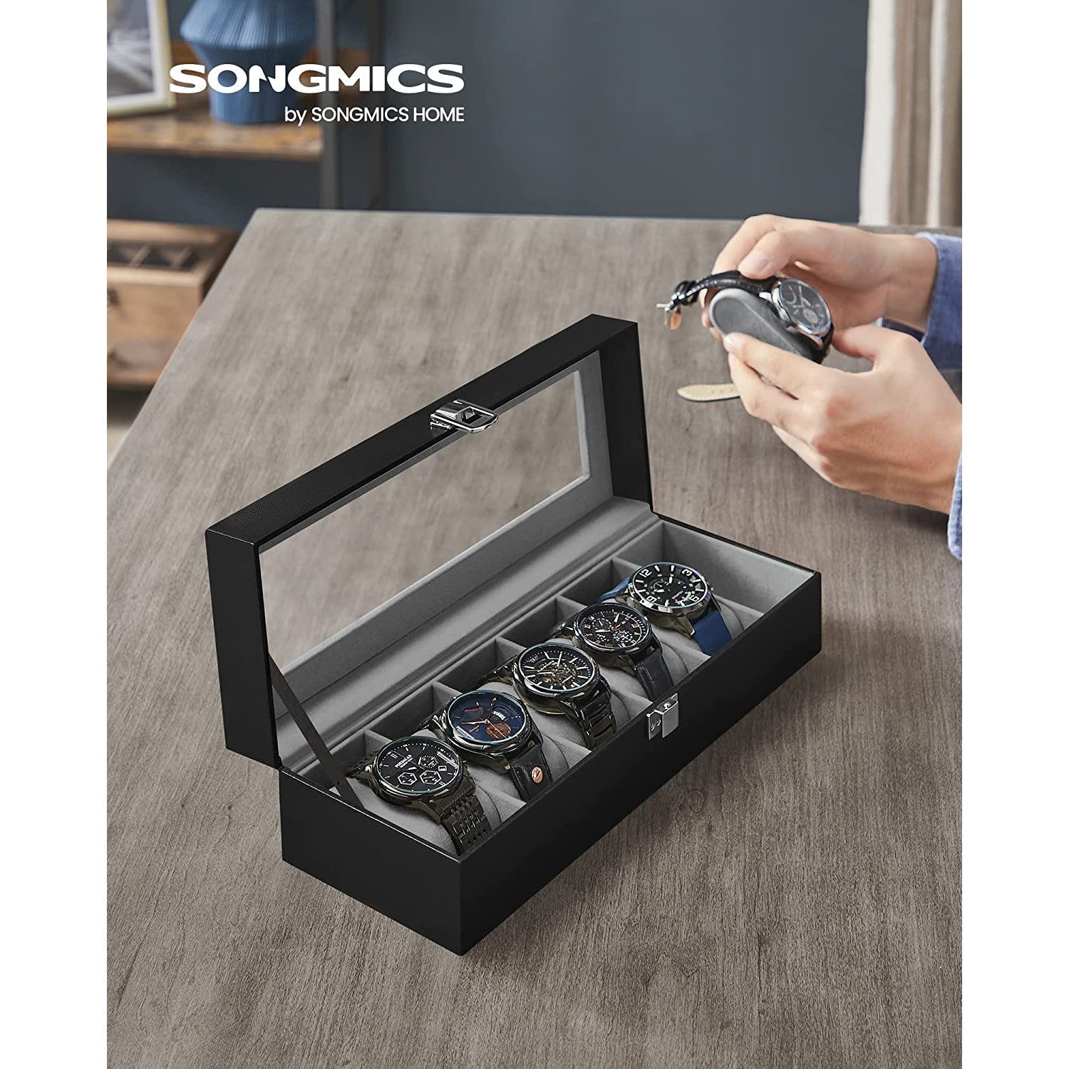 Kutija za 6 satova sa staklenim poklopcem i bravom, 30 x 8 x 11,2 cm, crna | SONGMICS-vitahome.hr