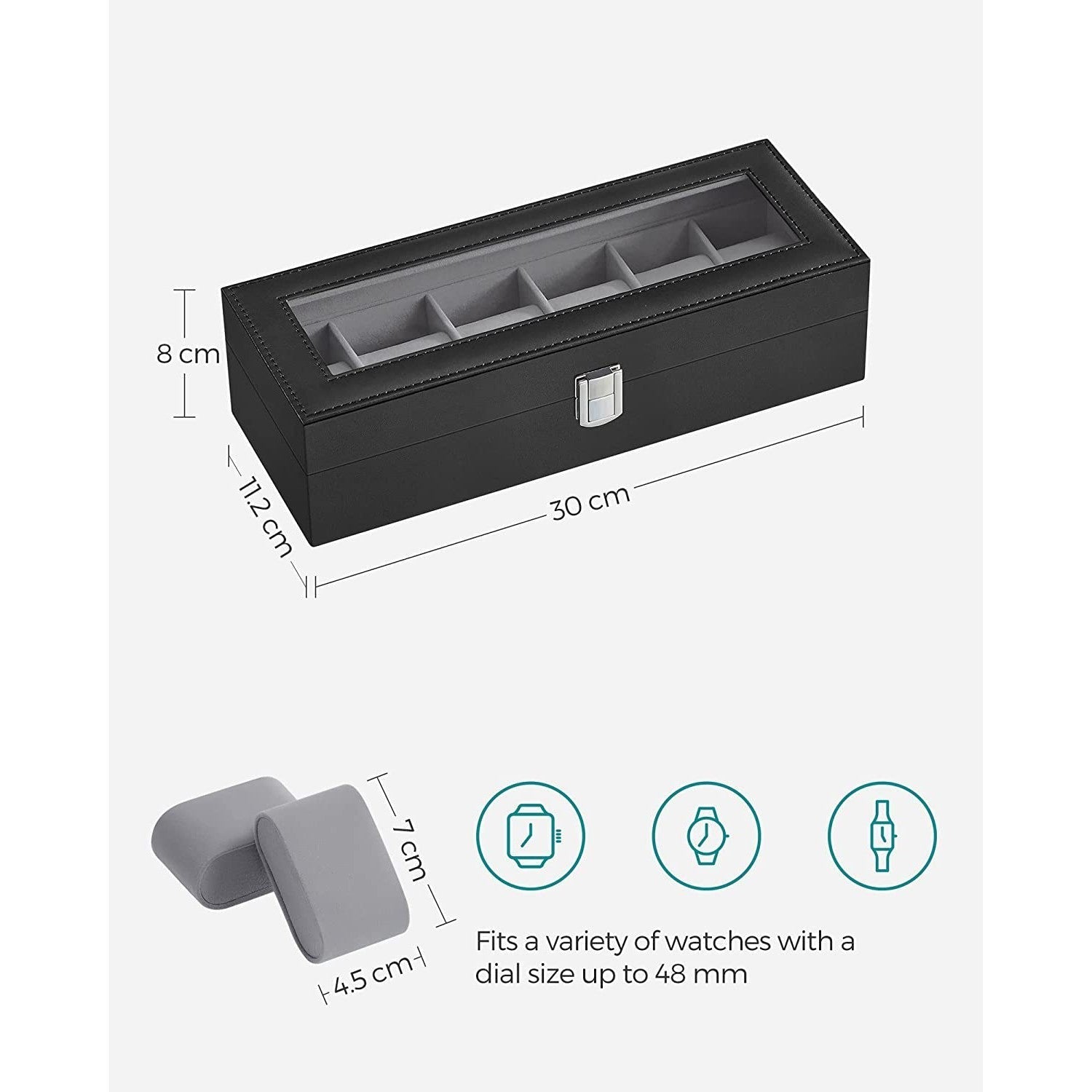 Kutija za 6 satova sa staklenim poklopcem i bravom, 30 x 8 x 11,2 cm, crna | SONGMICS-vitahome.hr