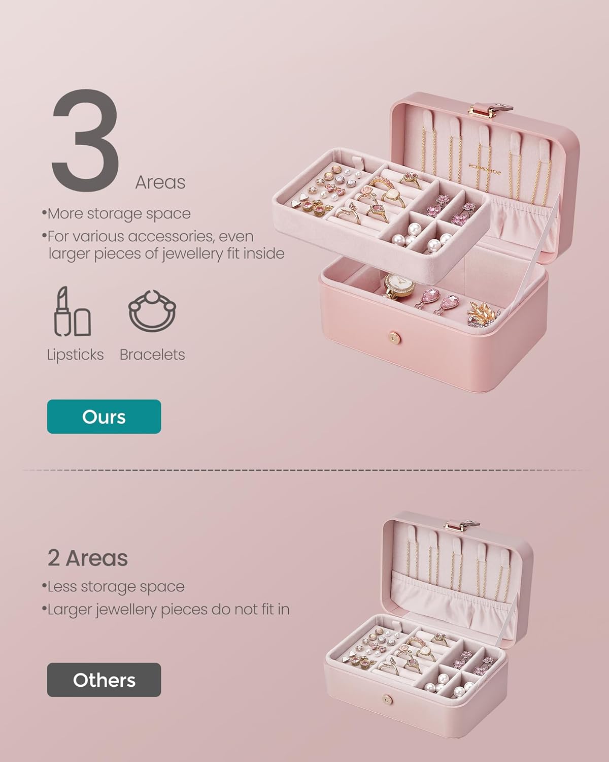 Kutija za nakit, dvorazinska pohrana, 11 x 16 x 8 cm, ružičasta