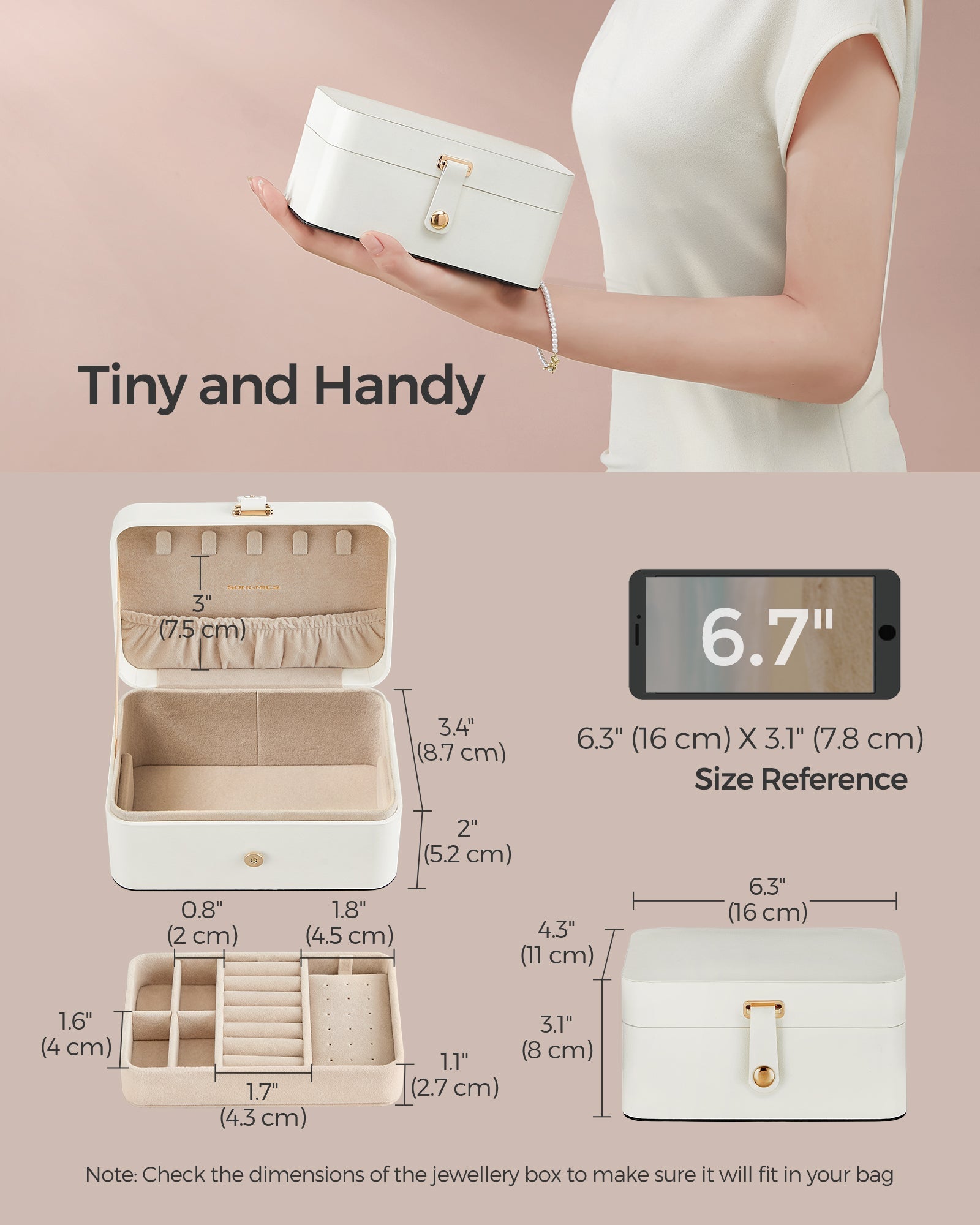 Kutija za nakit, dvorazinska pohrana nakita, 11 x 16 x 8 cm, oblačno bijela