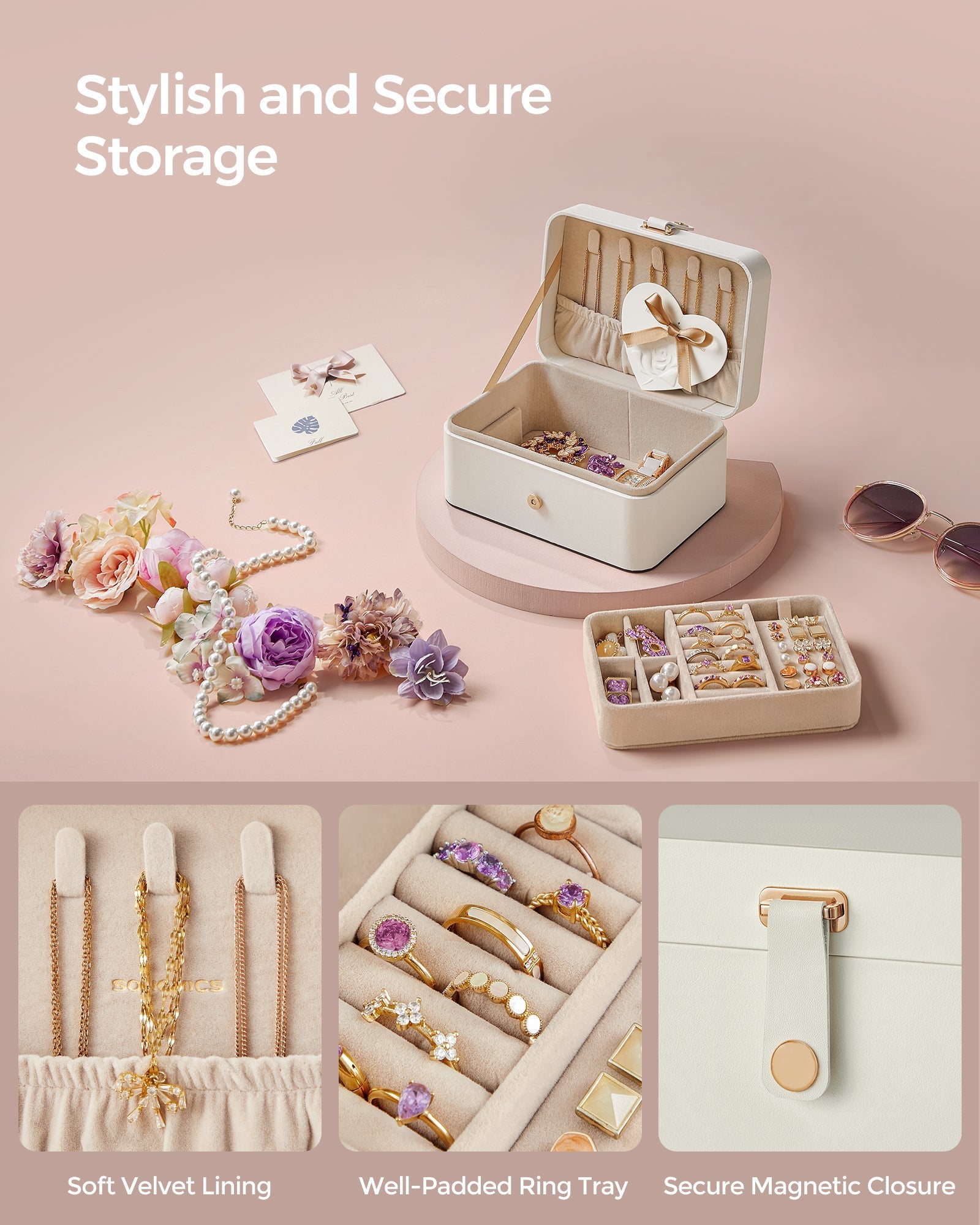 Kutija za nakit, dvorazinska pohrana nakita, 11 x 16 x 8 cm, oblačno bijela