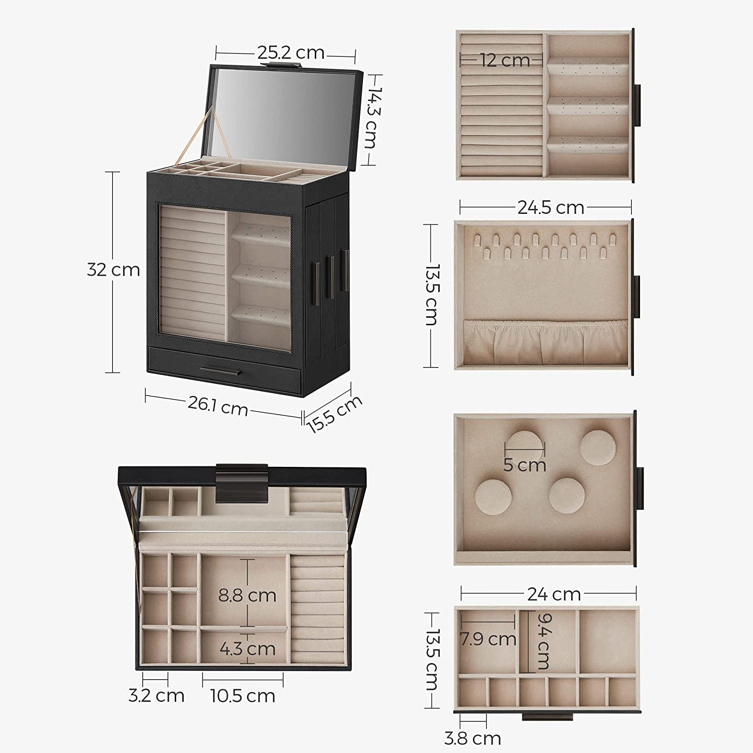 Kutija za nakit na 5 razina s ogledalom, 15.5x26.2x32 cm, crne boje | SONGMICS-vitahome.hr