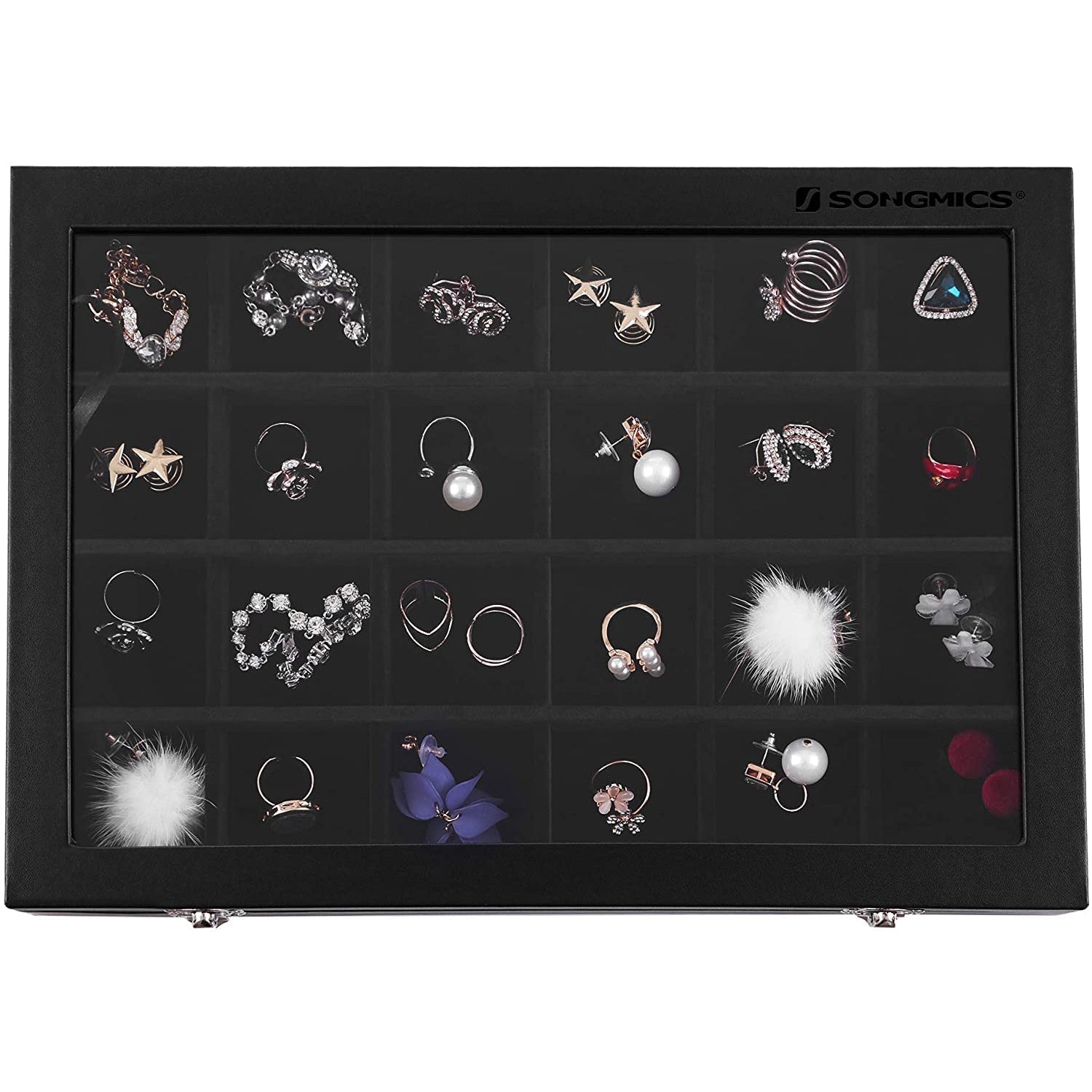 Kutija za nakit s 24 pretinca, vitrina za prstenje, 35 x 24 x 4,3 cm, crna | SONGMICS-vitahome.hr