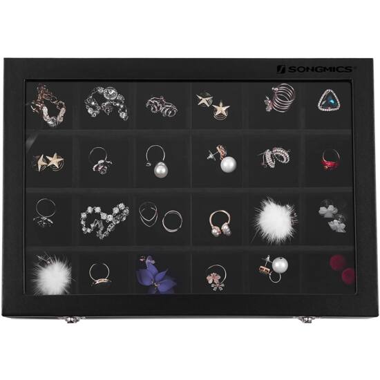 Kutija za nakit s 24 pretinca, vitrina za prstenje, 35 x 24 x 4,3 cm, crna | SONGMICS-vitahome.hr