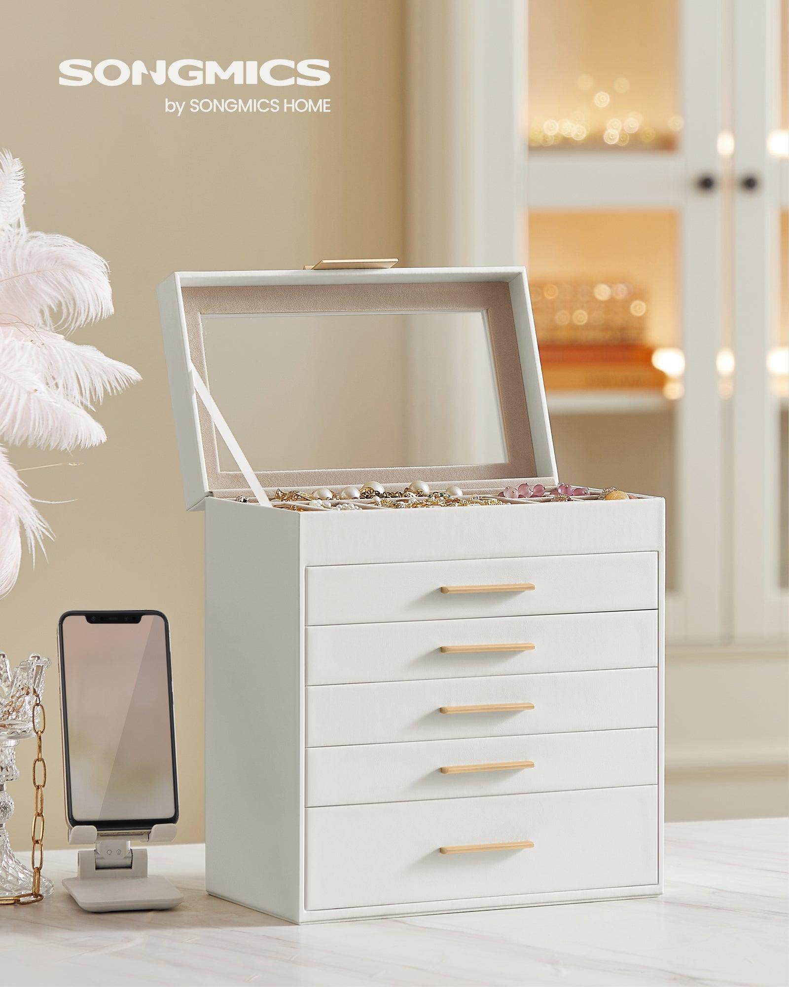 Kutija za nakit sa staklenim poklopcem, 6 razina, 5 ladica, oblačno bijela