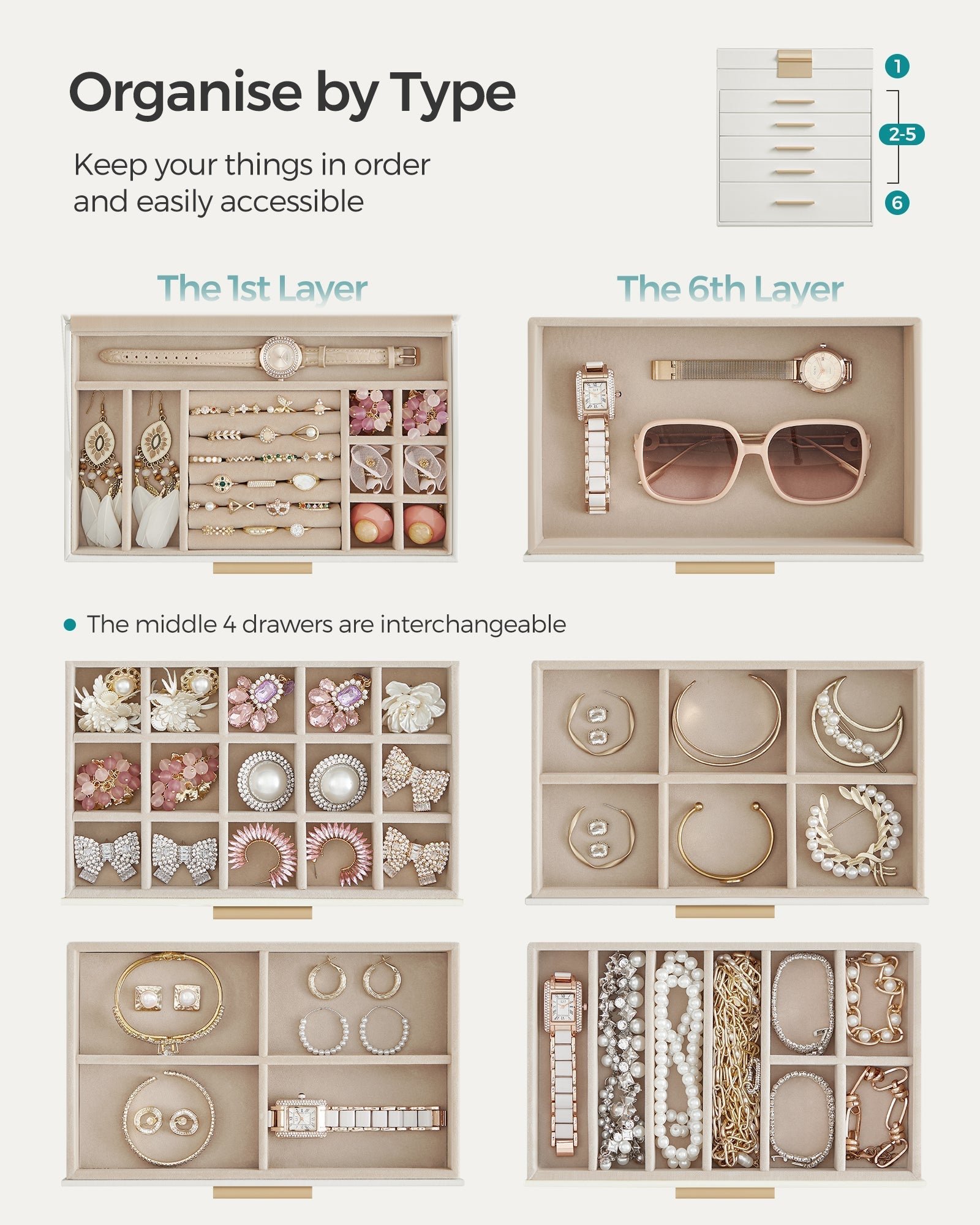 Kutija za nakit sa staklenim poklopcem, 6 razina, 5 ladica, oblačno bijela