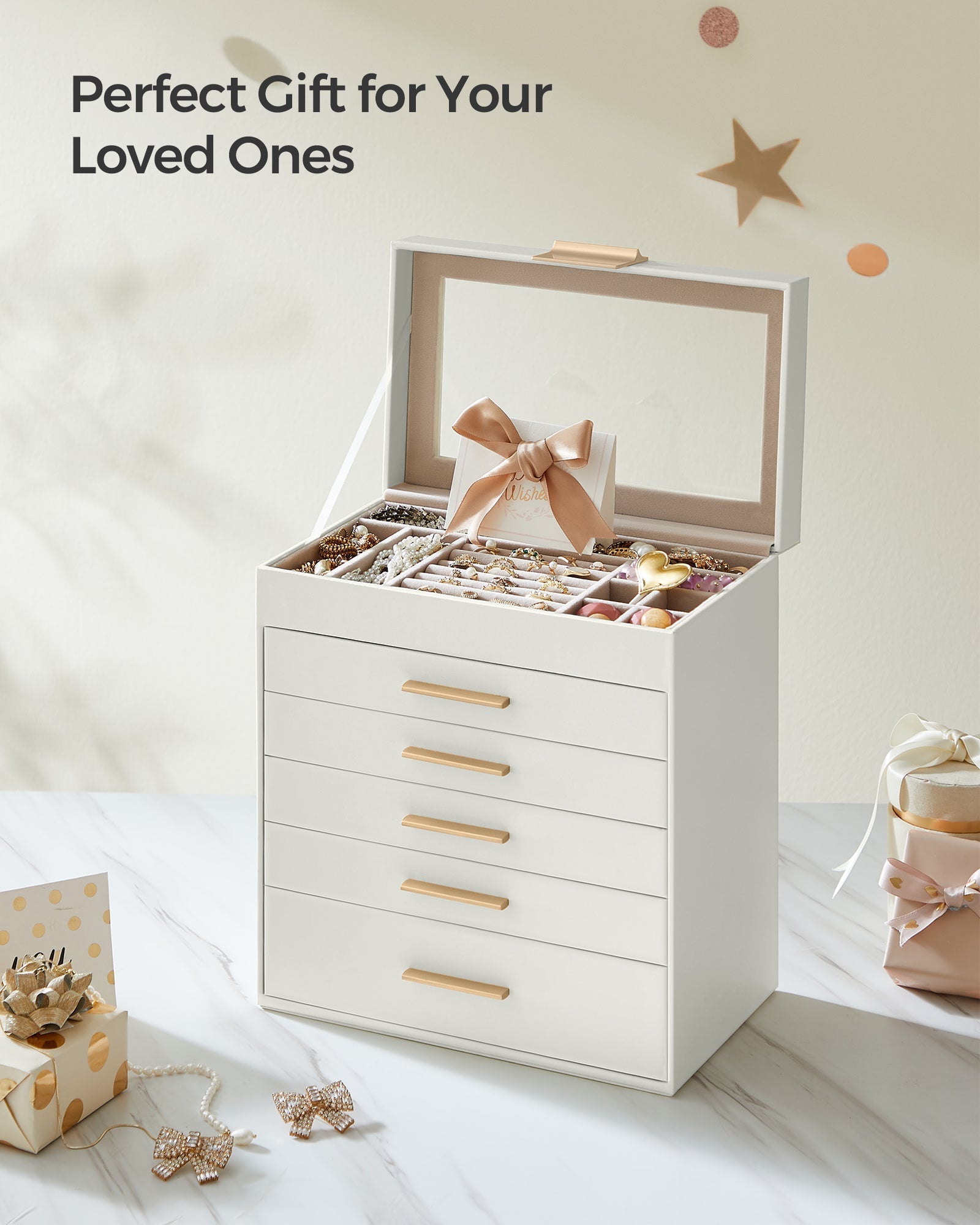 Kutija za nakit sa staklenim poklopcem, 6 razina, 5 ladica, oblačno bijela