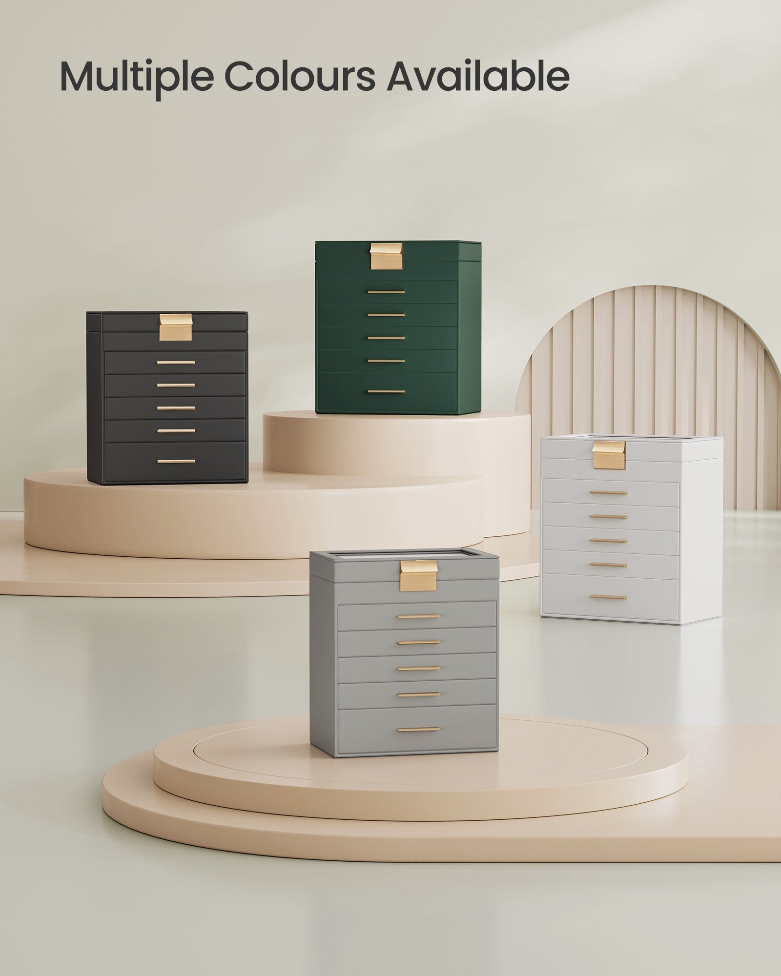 Kutija za nakit sa staklenim poklopcem, 6 razina, 5 ladica, oblačno bijela