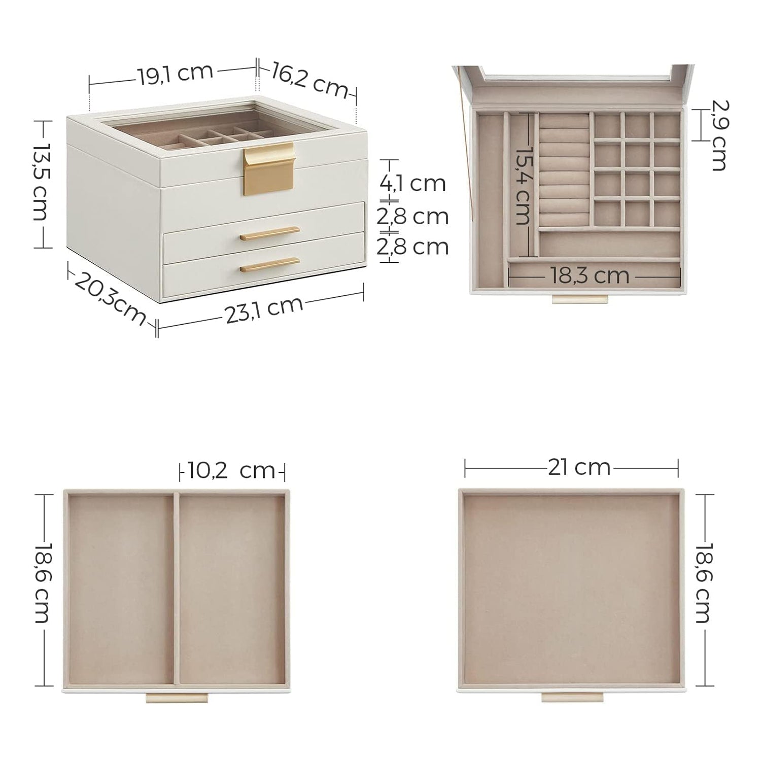 Kutija za nakit sa staklenim poklopcem i 2 ladice, 23x20x13,5 cm, bijela-zlatna | SONGMICS-vitahome.hr