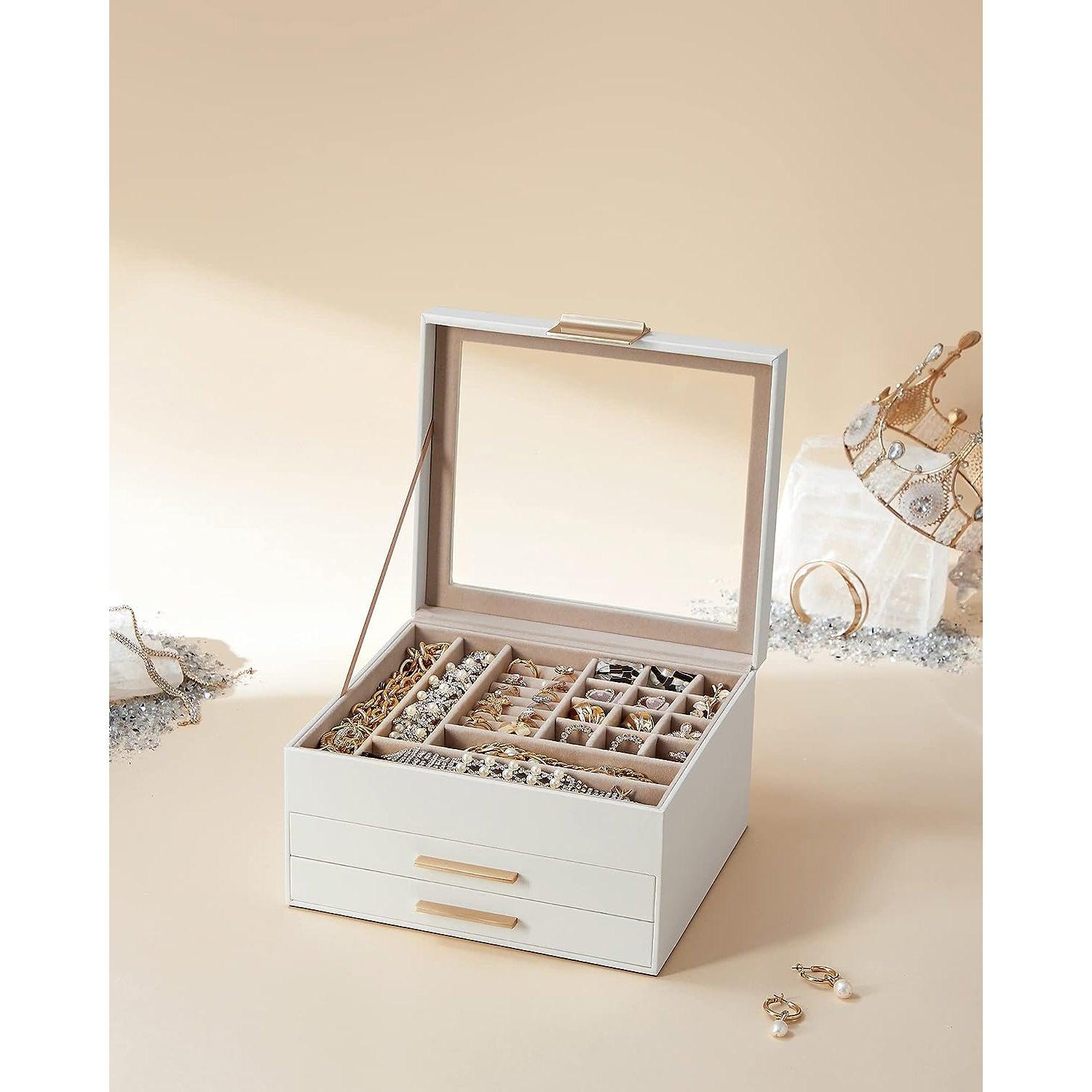 Kutija za nakit sa staklenim poklopcem i 2 ladice, 23x20x13,5 cm, bijela-zlatna | SONGMICS-vitahome.hr