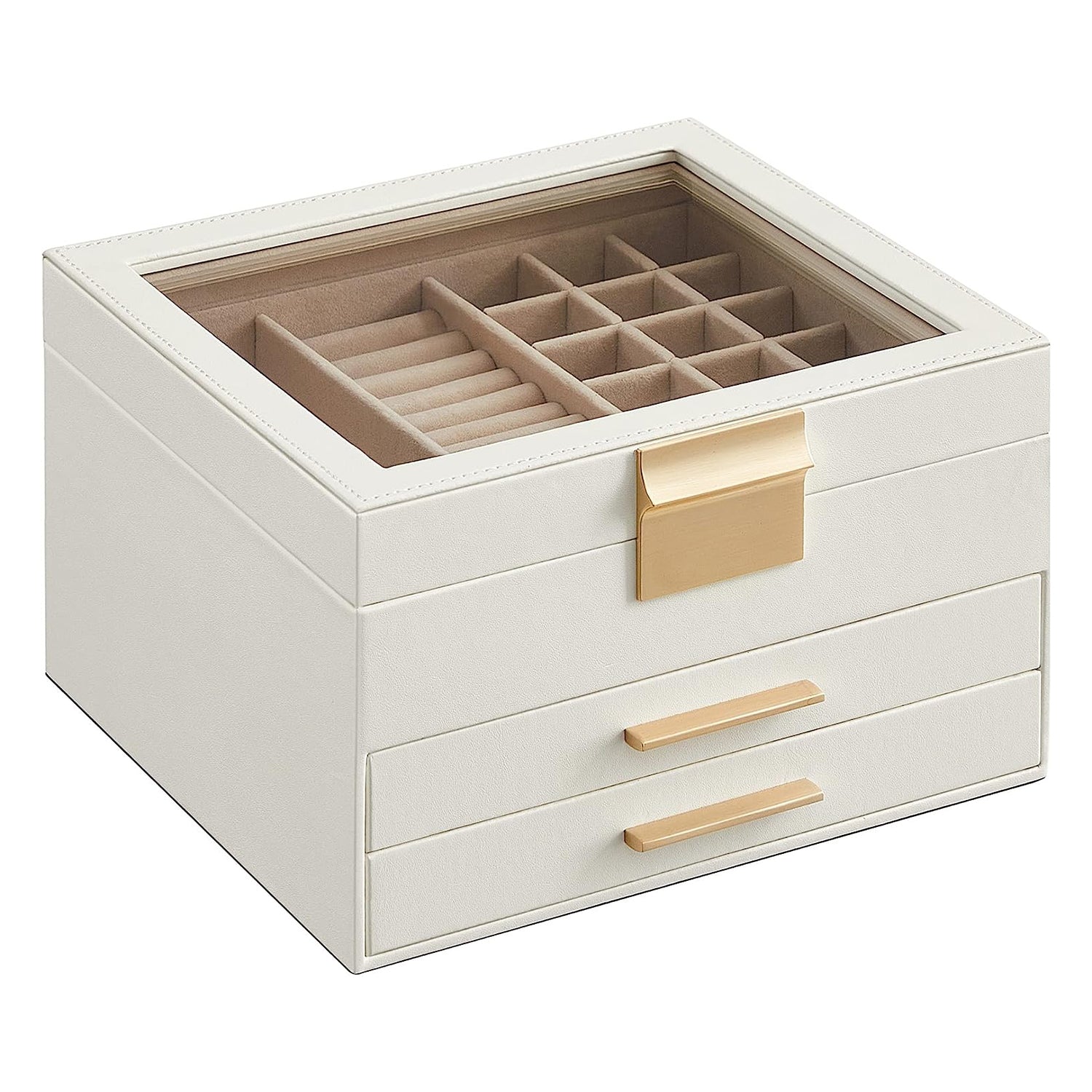 Kutija za nakit sa staklenim poklopcem i 2 ladice, 23x20x13,5 cm, bijela-zlatna | SONGMICS-vitahome.hr