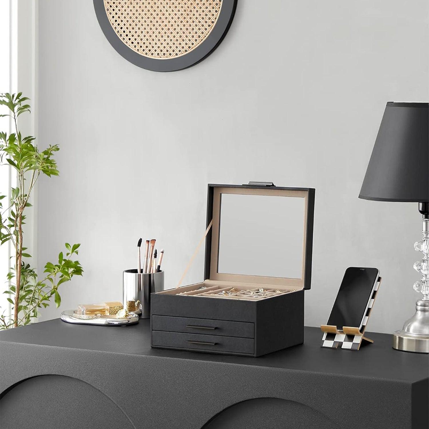 Kutija za nakit sa staklenim poklopcem i 2 ladice, 23x20x13,5 cm, crna-srebrna| SONGMICS | SONGMICS-vitahome.hr