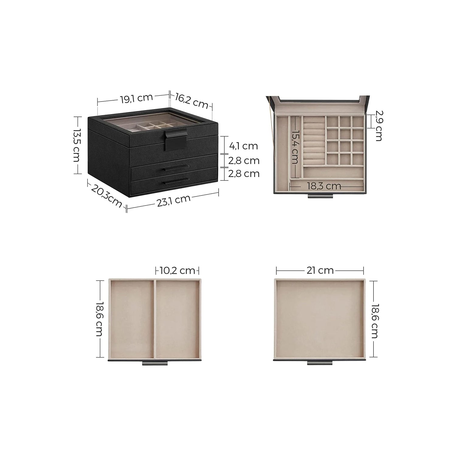 Kutija za nakit sa staklenim poklopcem i 2 ladice, 23x20x13,5 cm, crna-srebrna| SONGMICS | SONGMICS-vitahome.hr