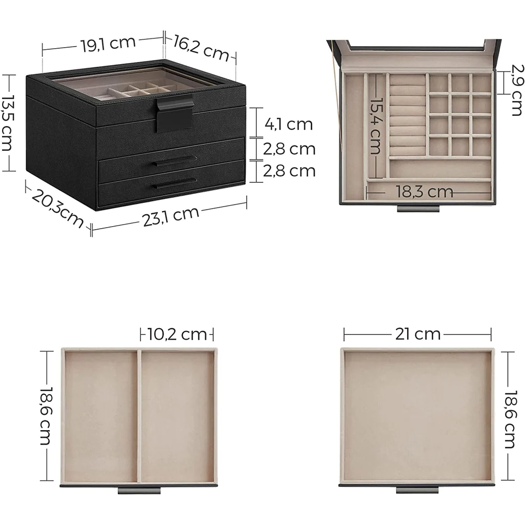 Kutija za nakit sa staklenim poklopcem i 2 ladice, 23x20x13,5 cm, crna-srebrna| SONGMICS | SONGMICS-vitahome.hr