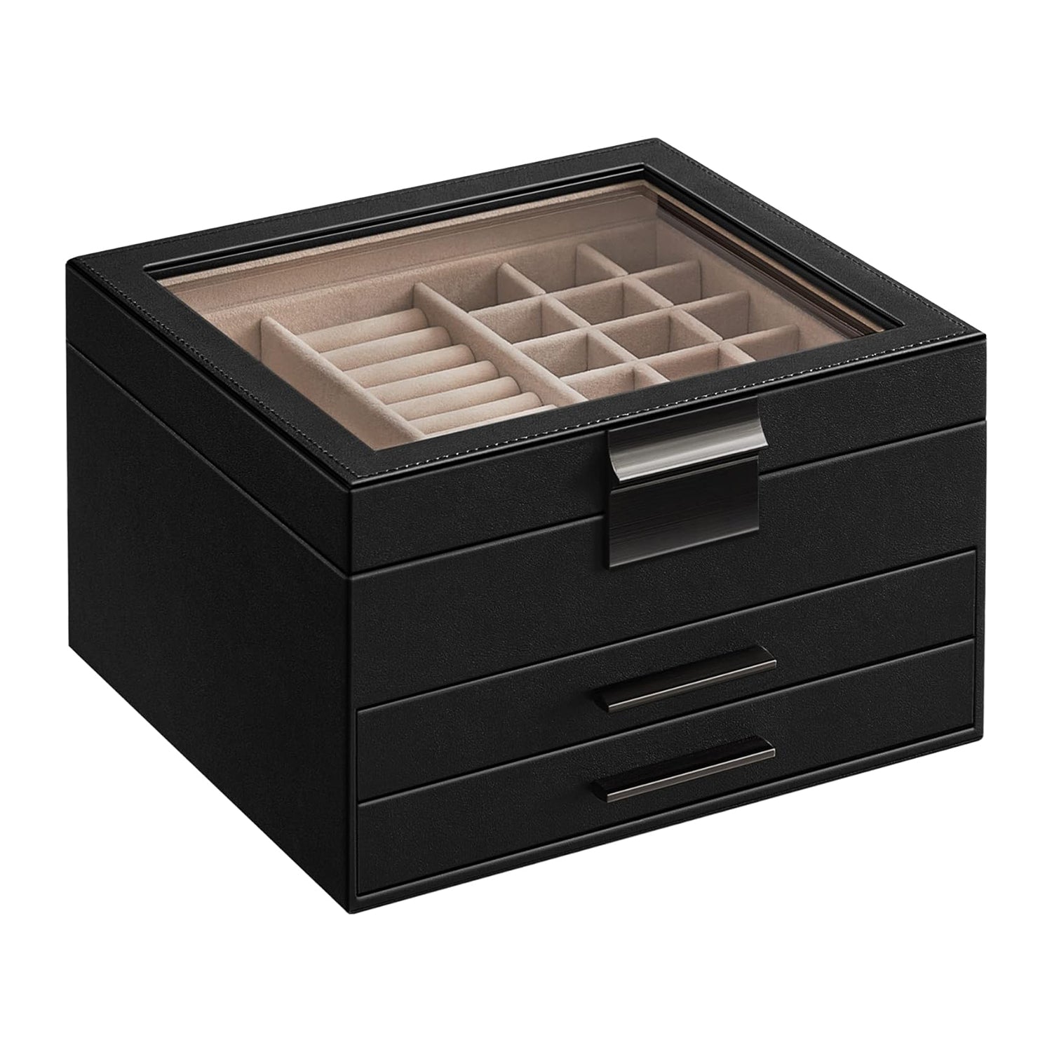 Kutija za nakit sa staklenim poklopcem i 2 ladice, 23x20x13,5 cm, crna-srebrna| SONGMICS | SONGMICS-vitahome.hr