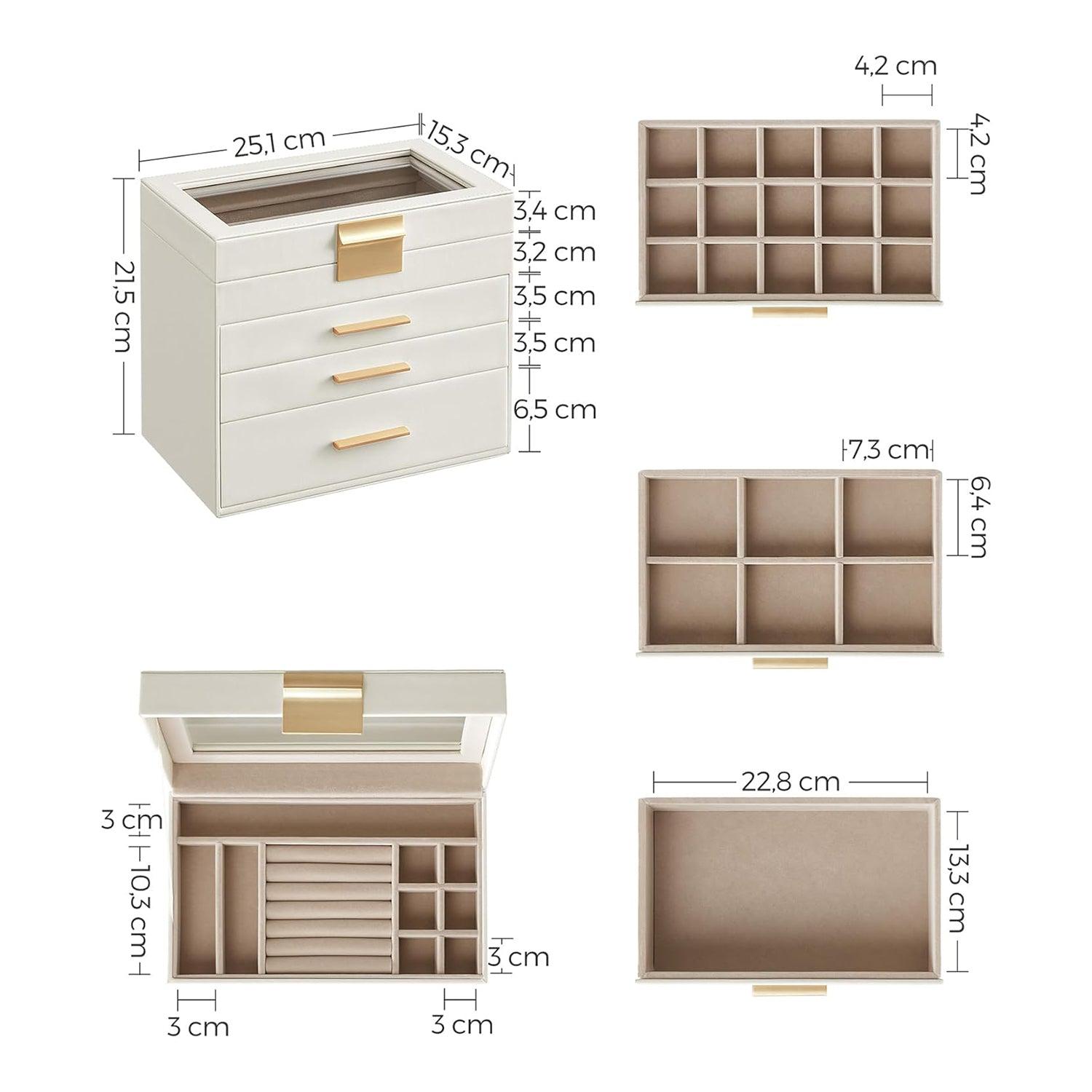 Kutija za nakit sa staklenim poklopcem i 3 ladice, 15x25x21,5cm, bijelo-zlatna | SONGMICS-vitahome.hr