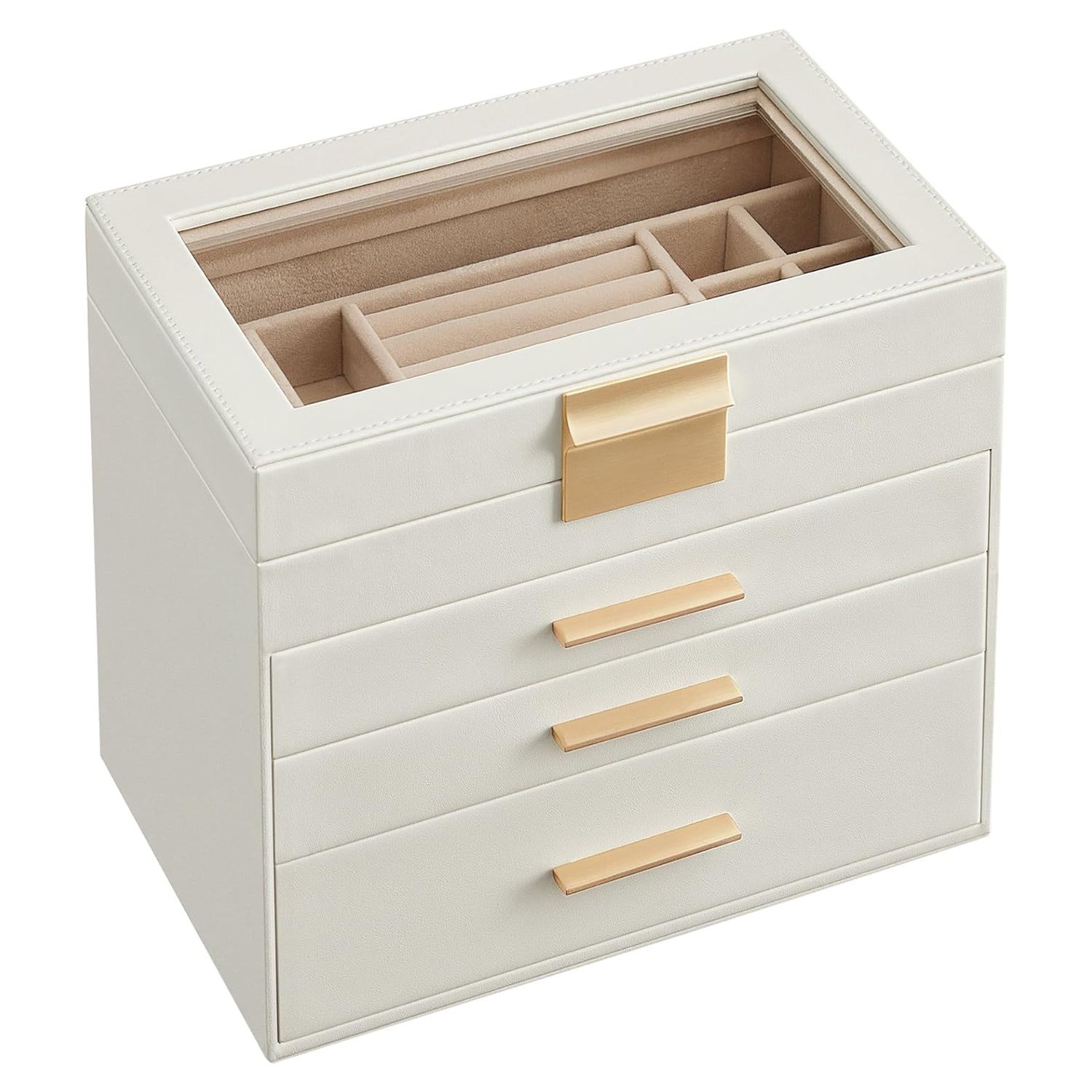 Kutija za nakit sa staklenim poklopcem i 3 ladice, 15x25x21,5cm, bijelo-zlatna | SONGMICS-vitahome.hr