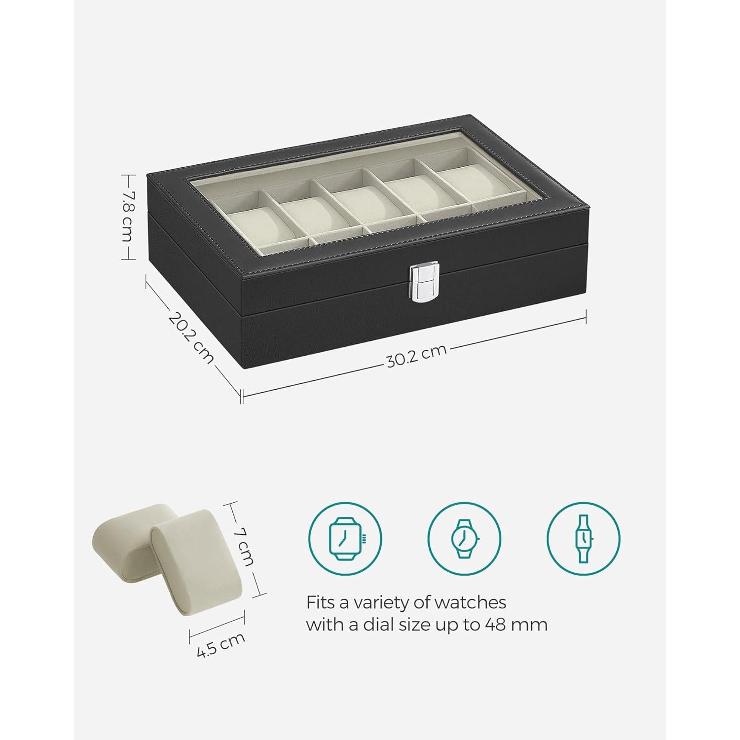 Kutija za sat sa staklenim poklopcem, 30 x 8,5 x 21 cm, crna umjetna koža, bež podstava | SONGMICS-vitahome.hr