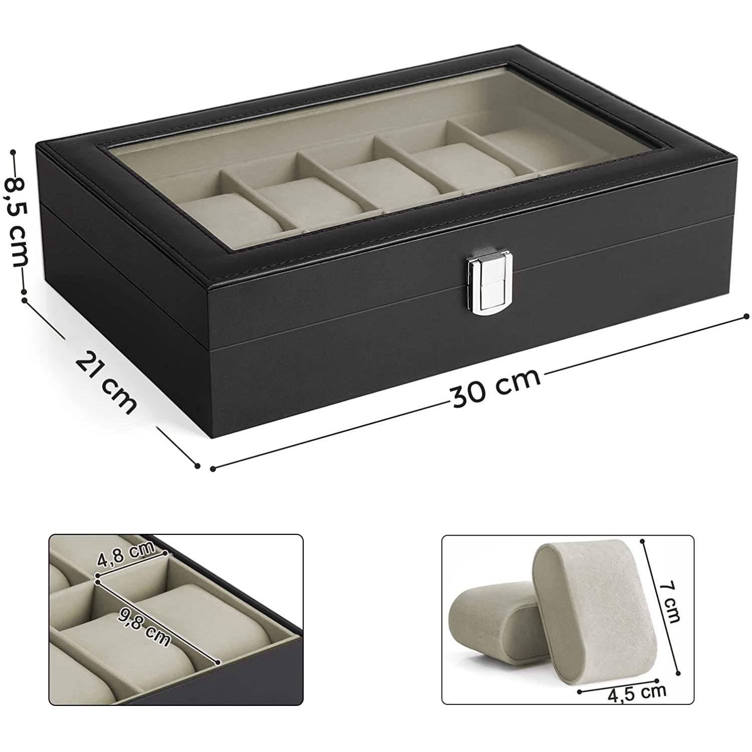 Kutija za sat sa staklenim poklopcem, 30 x 8,5 x 21 cm, crna umjetna koža, bež podstava | SONGMICS-vitahome.hr